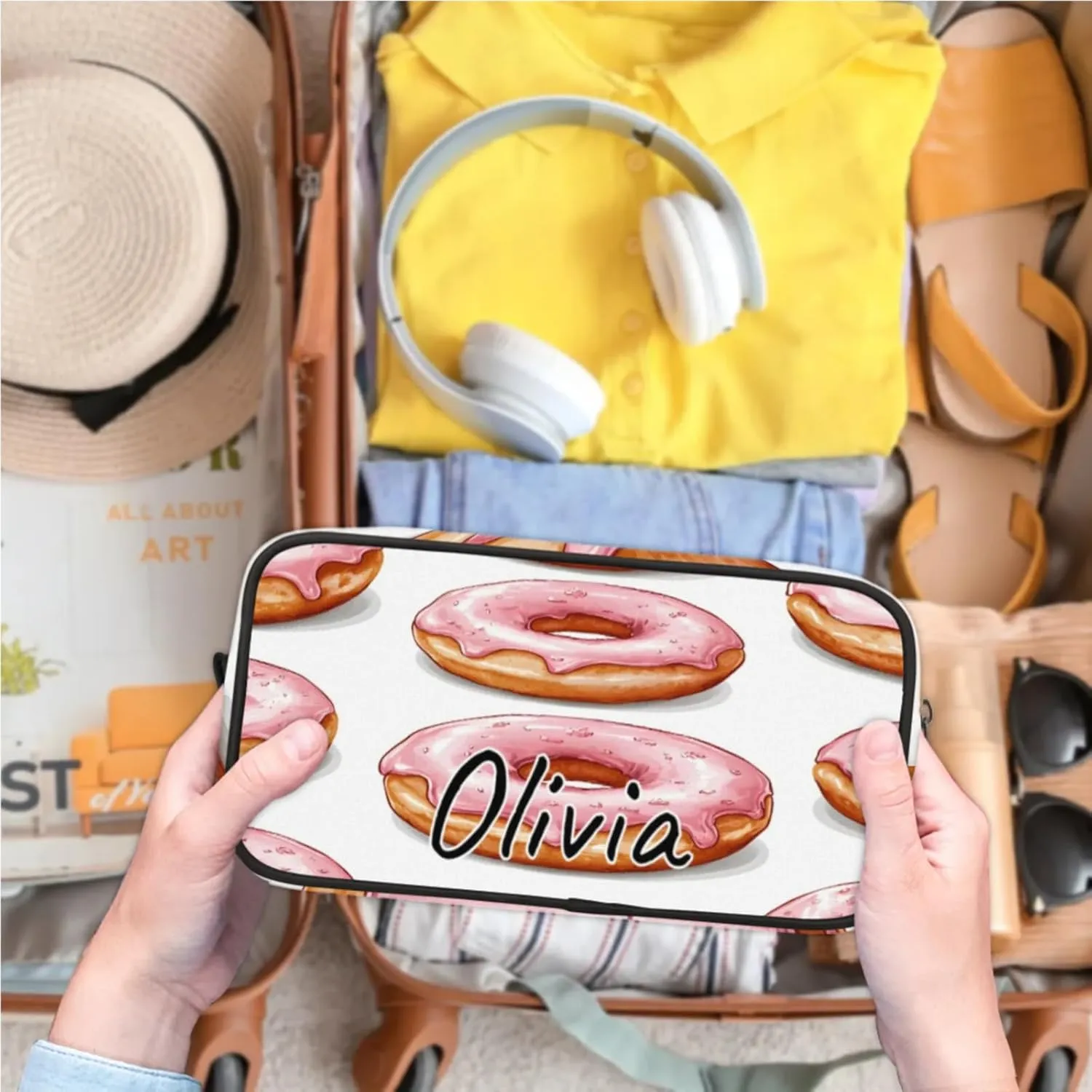 Custom Donuts Makeup Bag with Name Personalized Waterproof Toiletry Bag Customized Sweets Dessert Food Theme Cosmetic Bag for Women Men
