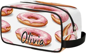 Custom Donuts Makeup Bag with Name Personalized Waterproof Toiletry Bag Customized Sweets Dessert Food Theme Cosmetic Bag for Women Men