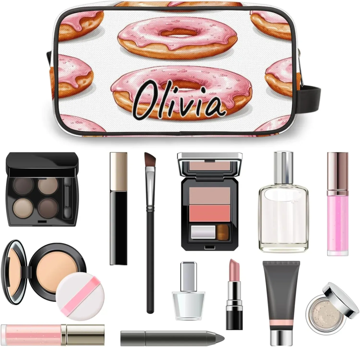 Custom Donuts Makeup Bag with Name Personalized Waterproof Toiletry Bag Customized Sweets Dessert Food Theme Cosmetic Bag for Women Men