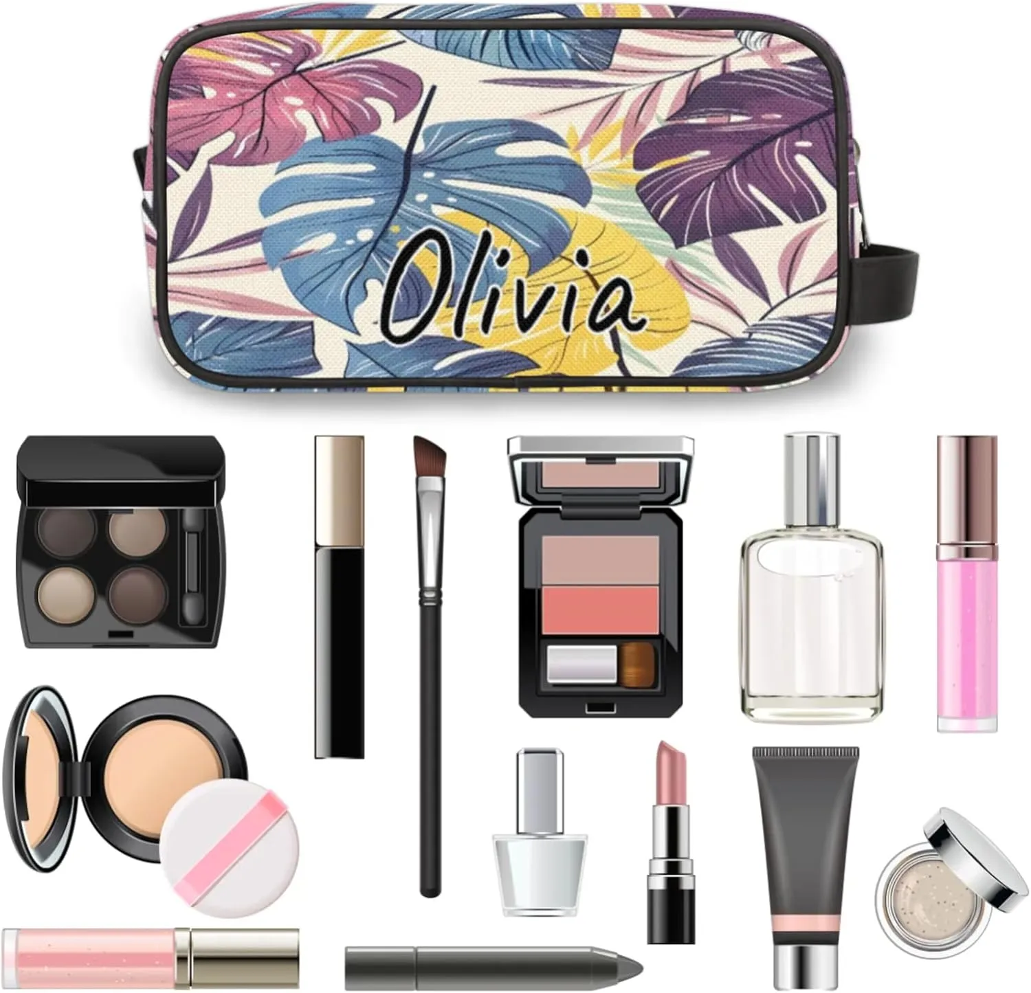 Custom Monstera Makeup Bag with Name Personalized Waterproof Toiletry Bag Customized Jungle Plants Cosmetic Bag for Women Men