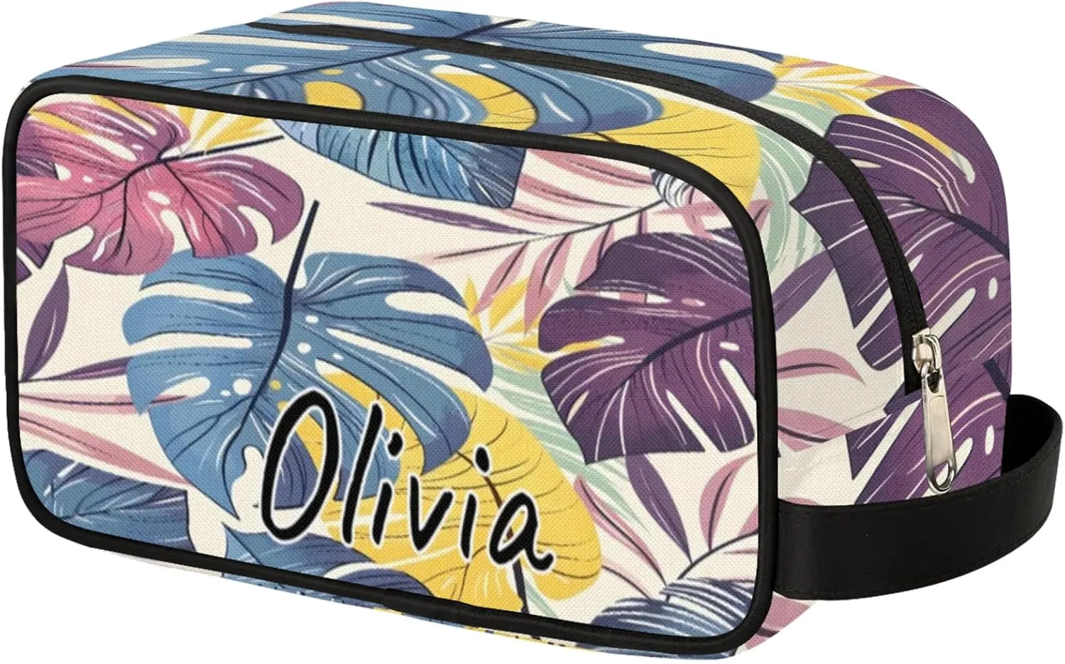 Custom Monstera Makeup Bag with Name Personalized Waterproof Toiletry Bag Customized Jungle Plants Cosmetic Bag for Women Men