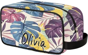 Custom Monstera Makeup Bag with Name Personalized Waterproof Toiletry Bag Customized Jungle Plants Cosmetic Bag for Women Men