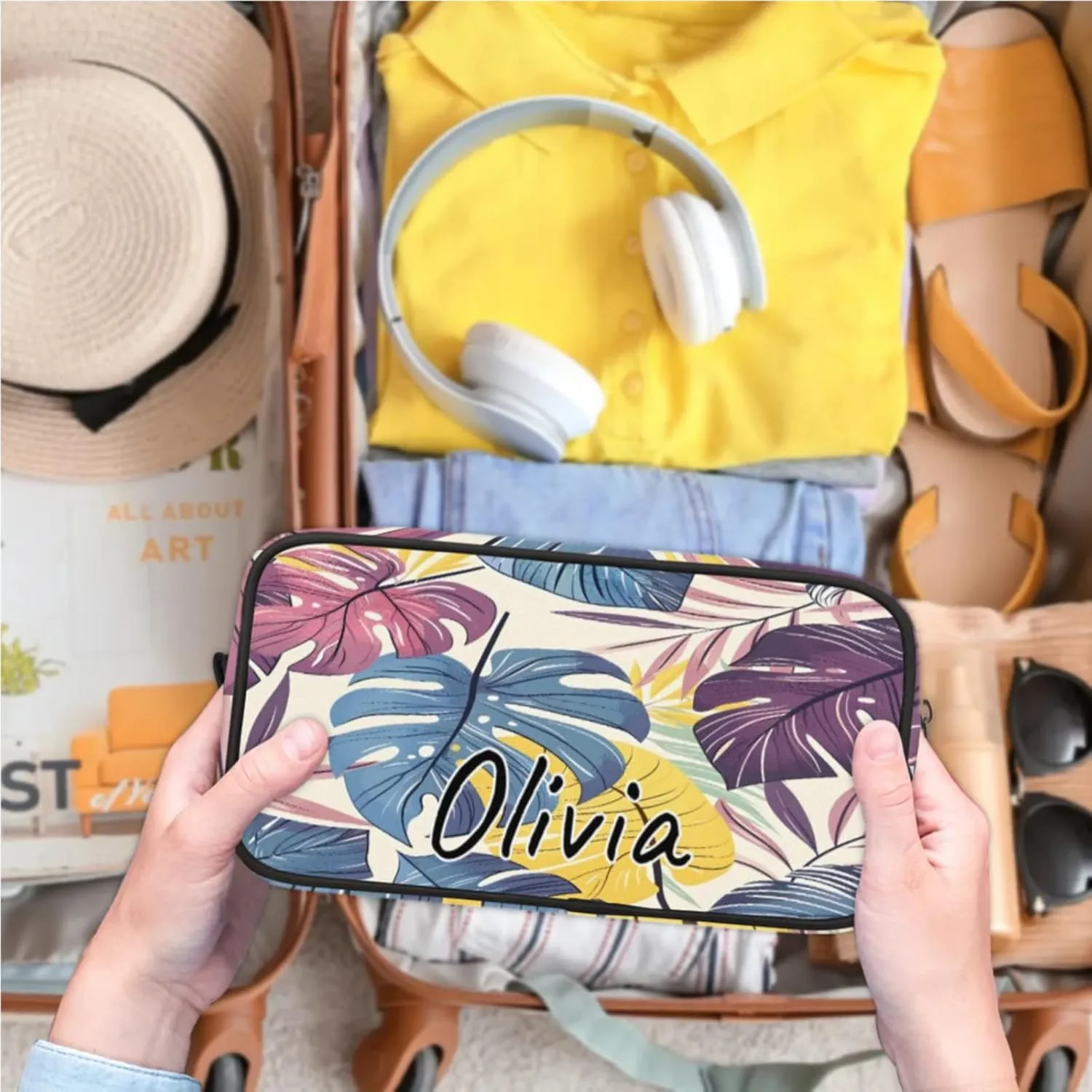 Custom Monstera Makeup Bag with Name Personalized Waterproof Toiletry Bag Customized Jungle Plants Cosmetic Bag for Women Men
