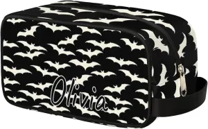 Custom Spooky Bat Makeup Bag with Name Personalized Waterproof Toiletry Bag Customized Horror Scary Cosmetic Bag for Women Men
