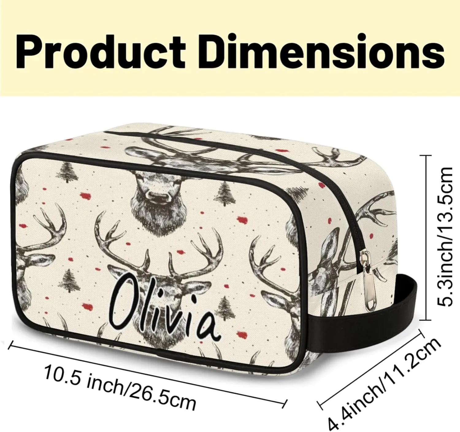 Custom Vintage Elk Makeup Bag with Name Personalized Waterproof Toiletry Bag Customized Beige Grey Cosmetic Bag for Women Men