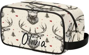 Custom Vintage Elk Makeup Bag with Name Personalized Waterproof Toiletry Bag Customized Beige Grey Cosmetic Bag for Women Men