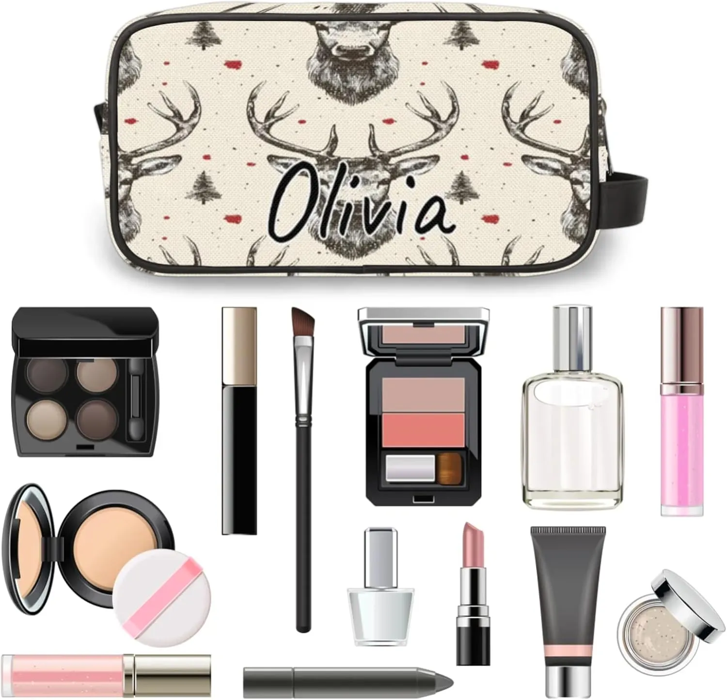 Custom Vintage Elk Makeup Bag with Name Personalized Waterproof Toiletry Bag Customized Beige Grey Cosmetic Bag for Women Men