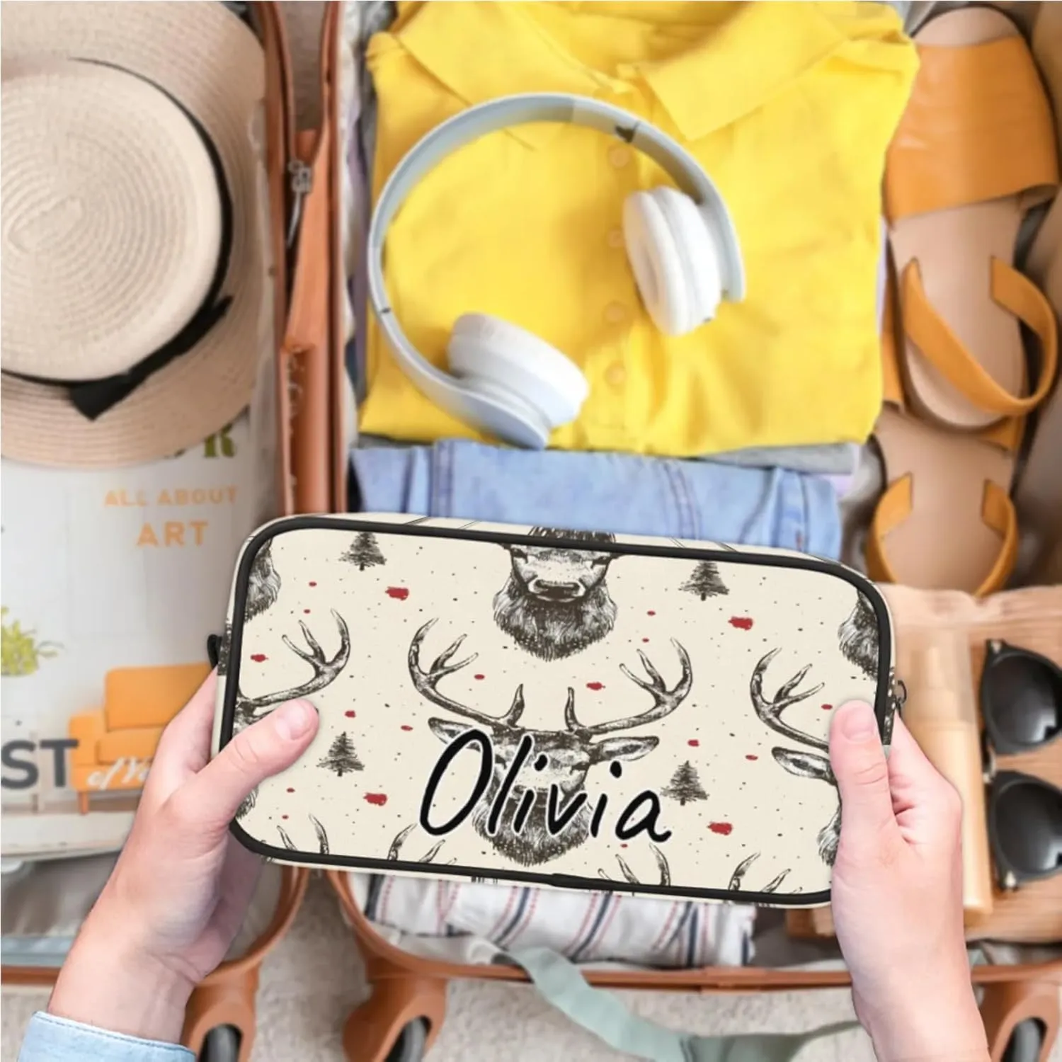 Custom Vintage Elk Makeup Bag with Name Personalized Waterproof Toiletry Bag Customized Beige Grey Cosmetic Bag for Women Men