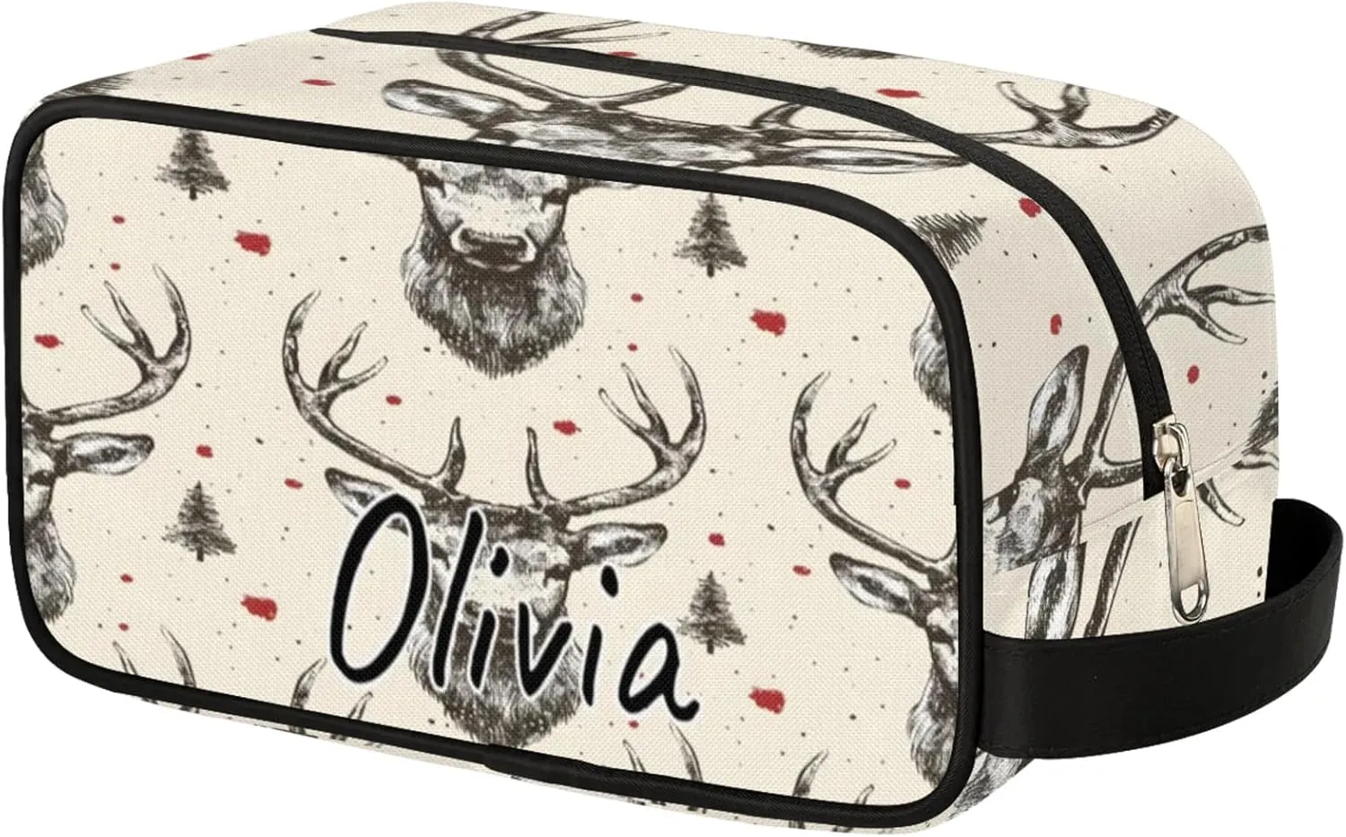 Custom Vintage Elk Makeup Bag with Name Personalized Waterproof Toiletry Bag Customized Beige Grey Cosmetic Bag for Women Men