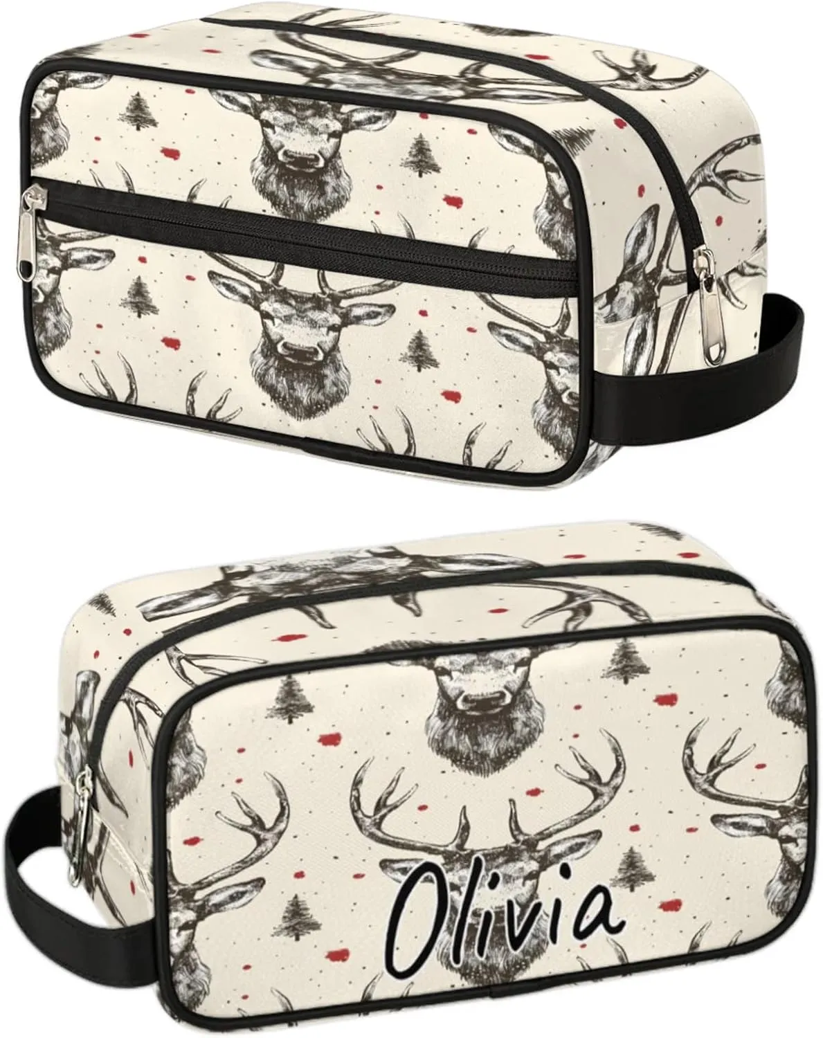 Custom Vintage Elk Makeup Bag with Name Personalized Waterproof Toiletry Bag Customized Beige Grey Cosmetic Bag for Women Men
