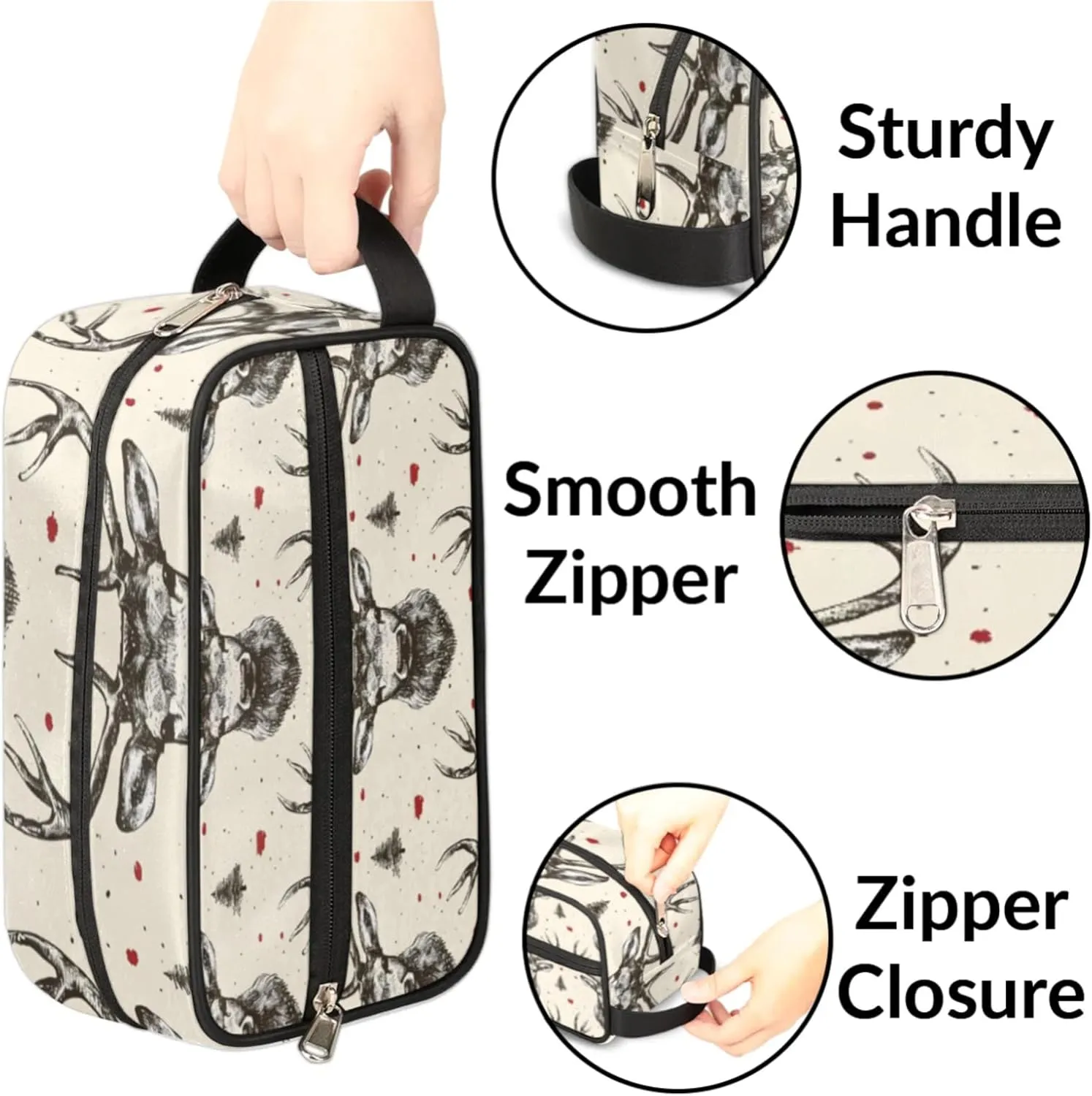 Custom Vintage Elk Makeup Bag with Name Personalized Waterproof Toiletry Bag Customized Beige Grey Cosmetic Bag for Women Men