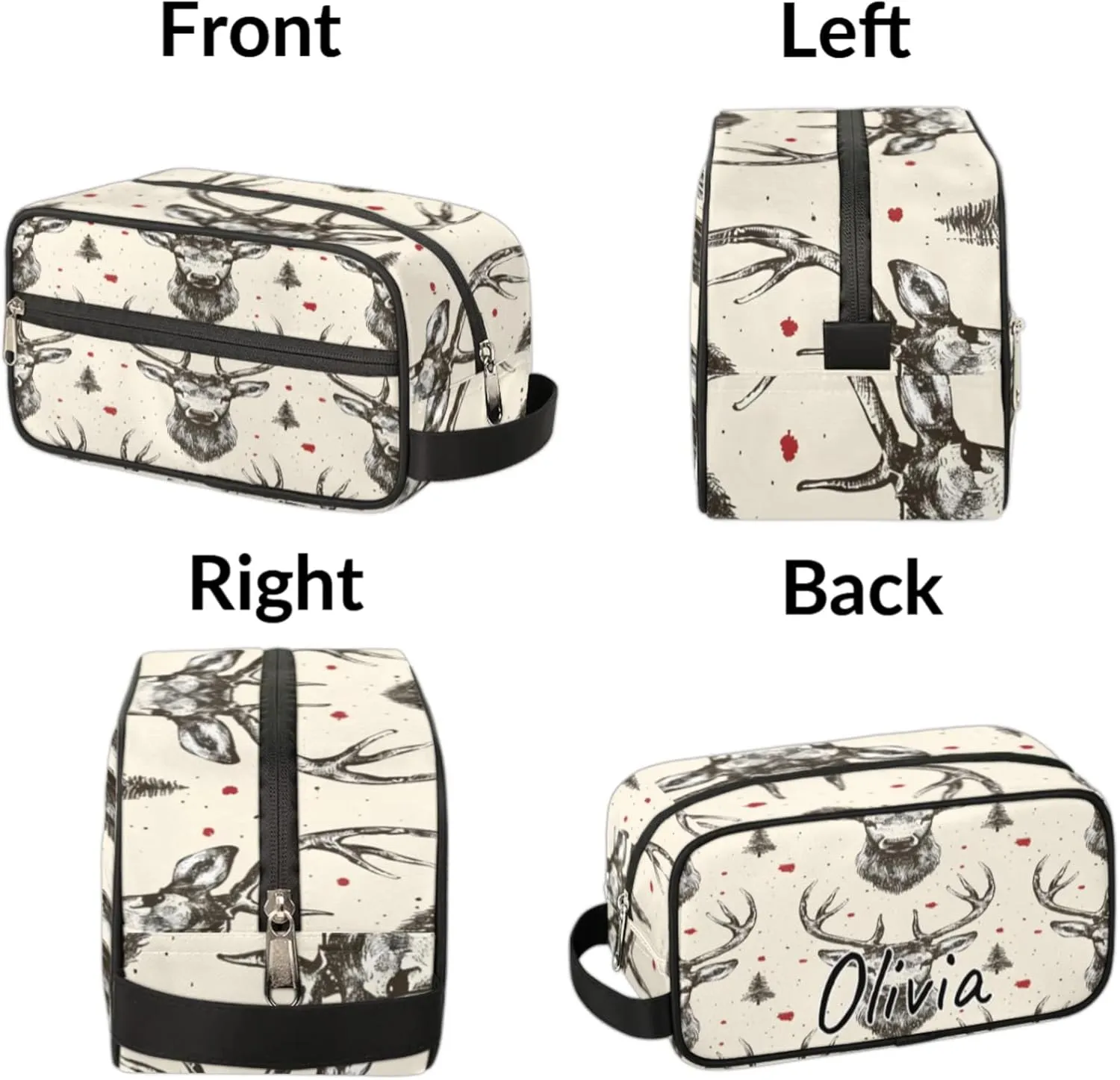 Custom Vintage Elk Makeup Bag with Name Personalized Waterproof Toiletry Bag Customized Beige Grey Cosmetic Bag for Women Men