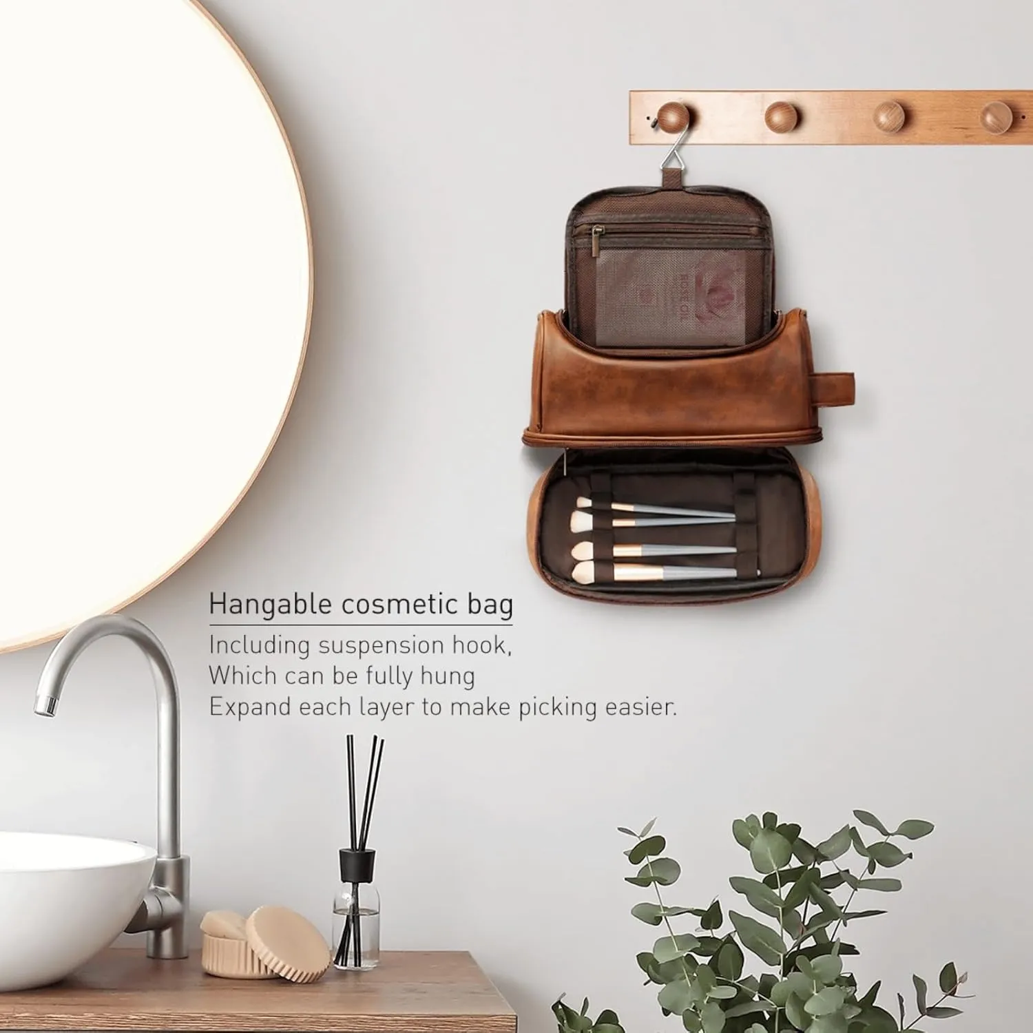 Customized Toiletry Bag Hanging Travel Organizer, Personalized Large Capacity Bag with Name Text, Custom Waterproof Leather Bathroom Dopp Shaving Kit for Women Bridesmaid Wedding Gift