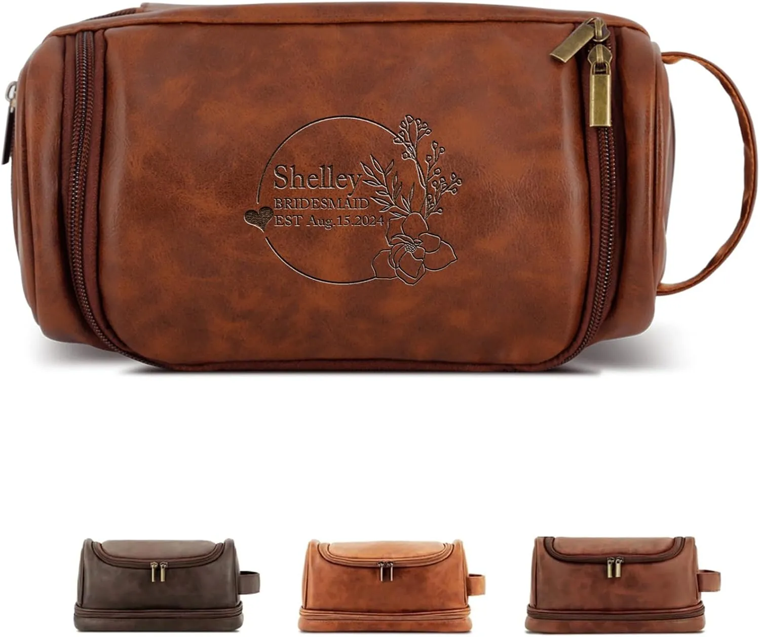Customized Toiletry Bag Hanging Travel Organizer, Personalized Large Capacity Bag with Name Text, Custom Waterproof Leather Bathroom Dopp Shaving Kit for Women Bridesmaid Wedding Gift