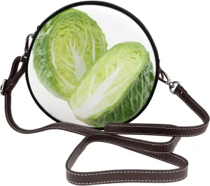 Cut In Half Fresh Green Cabbage Women Round Crossbody Bags Leather Sling Bag Purse