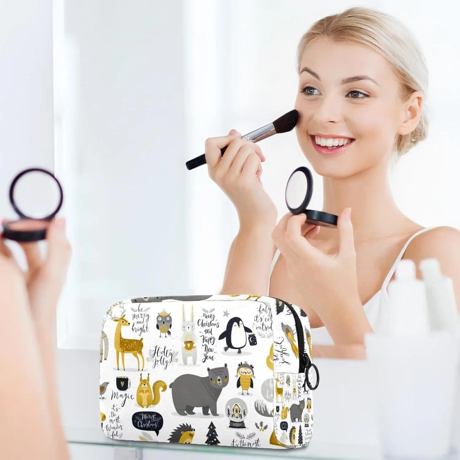 Cute Animals Fox Deer Cosmetic Makeup Bags, Small Travel Zipper Pouch Portable Toiletry Bag Makeup Organizer for Women Teen Girls