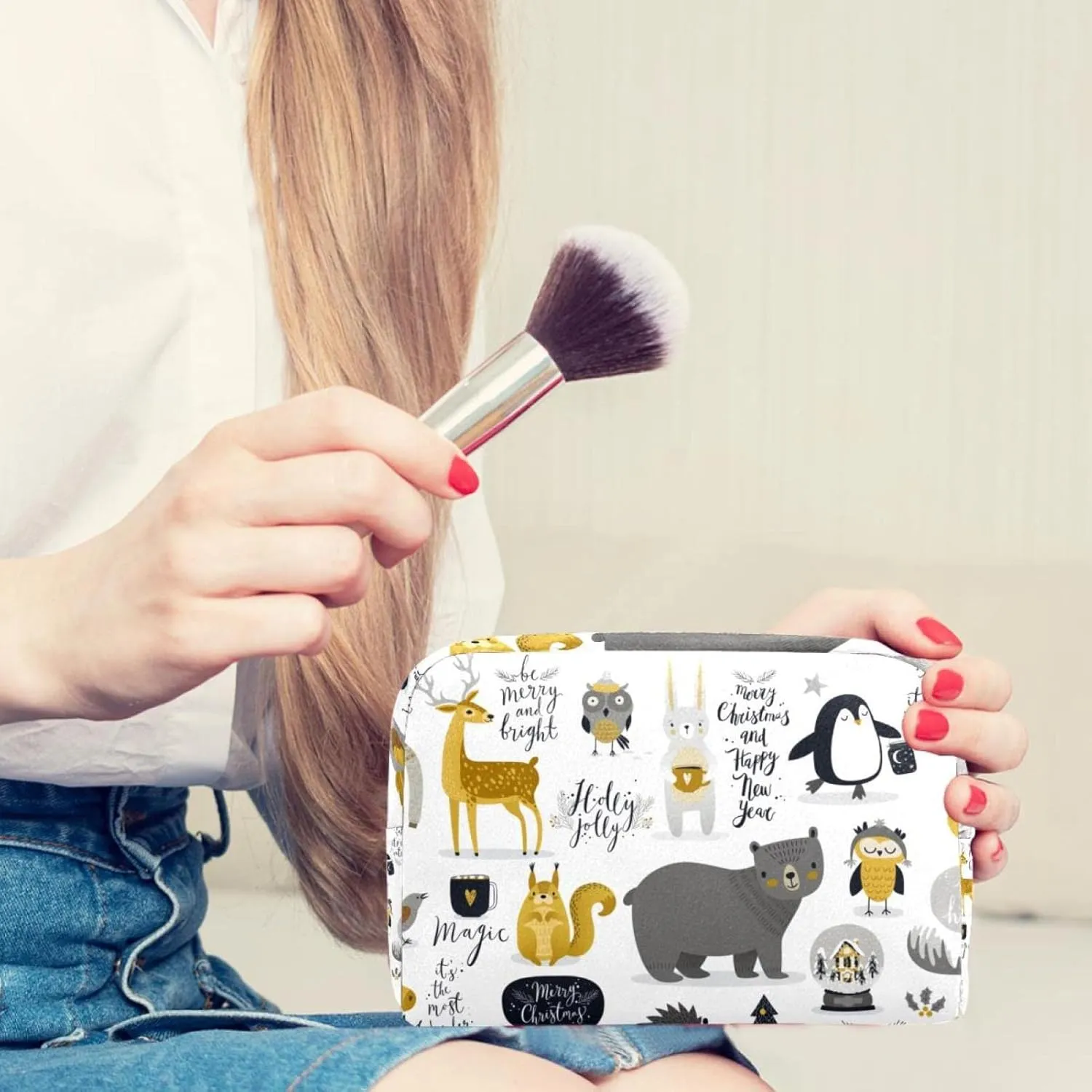 Cute Animals Fox Deer Cosmetic Makeup Bags, Small Travel Zipper Pouch Portable Toiletry Bag Makeup Organizer for Women Teen Girls