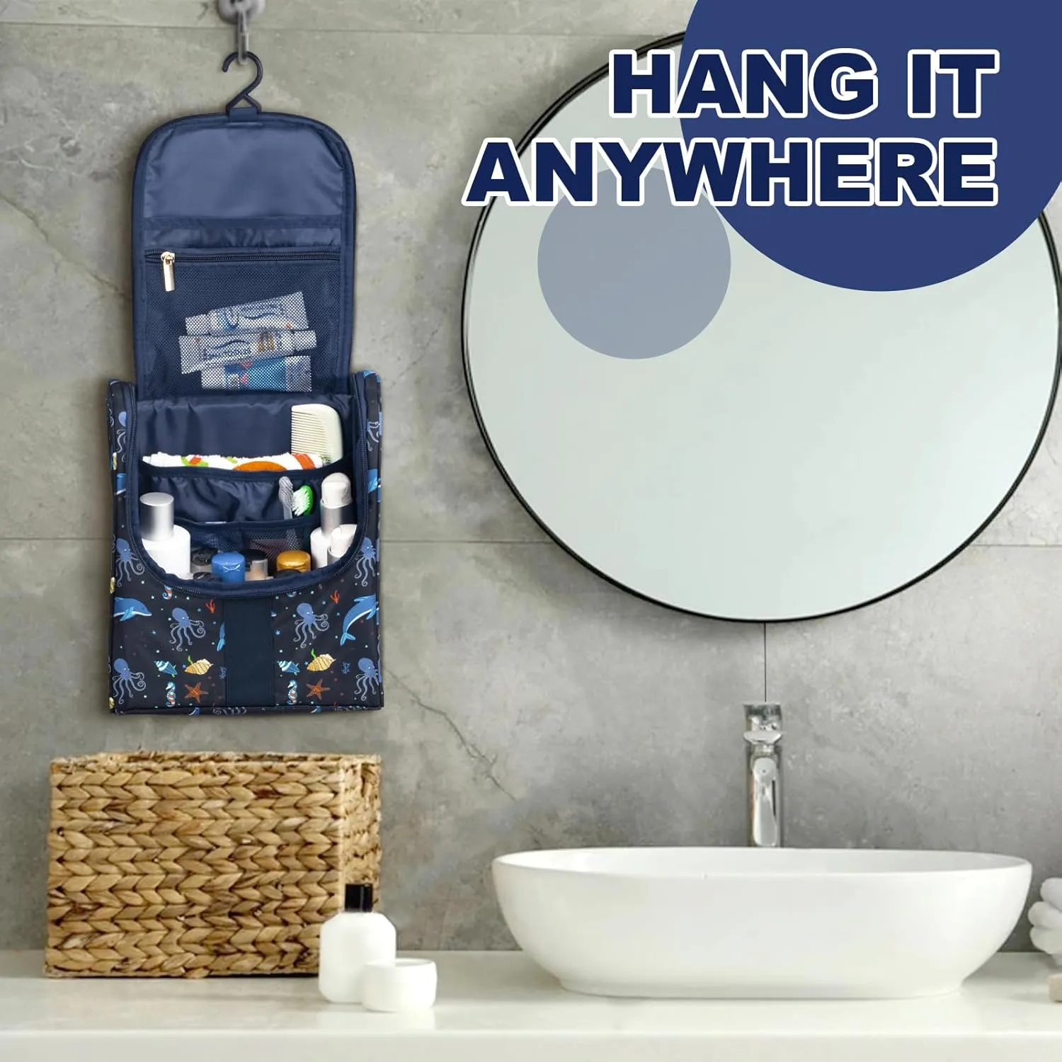 Cute Cartoon Hanging Kids Toiletry Bag Children Travel Cosmetic Makeup Organizer Wash Bag Shower bag Over Night Bag Camping Shaving Kit Bag for Boys & Girls (Sea World)