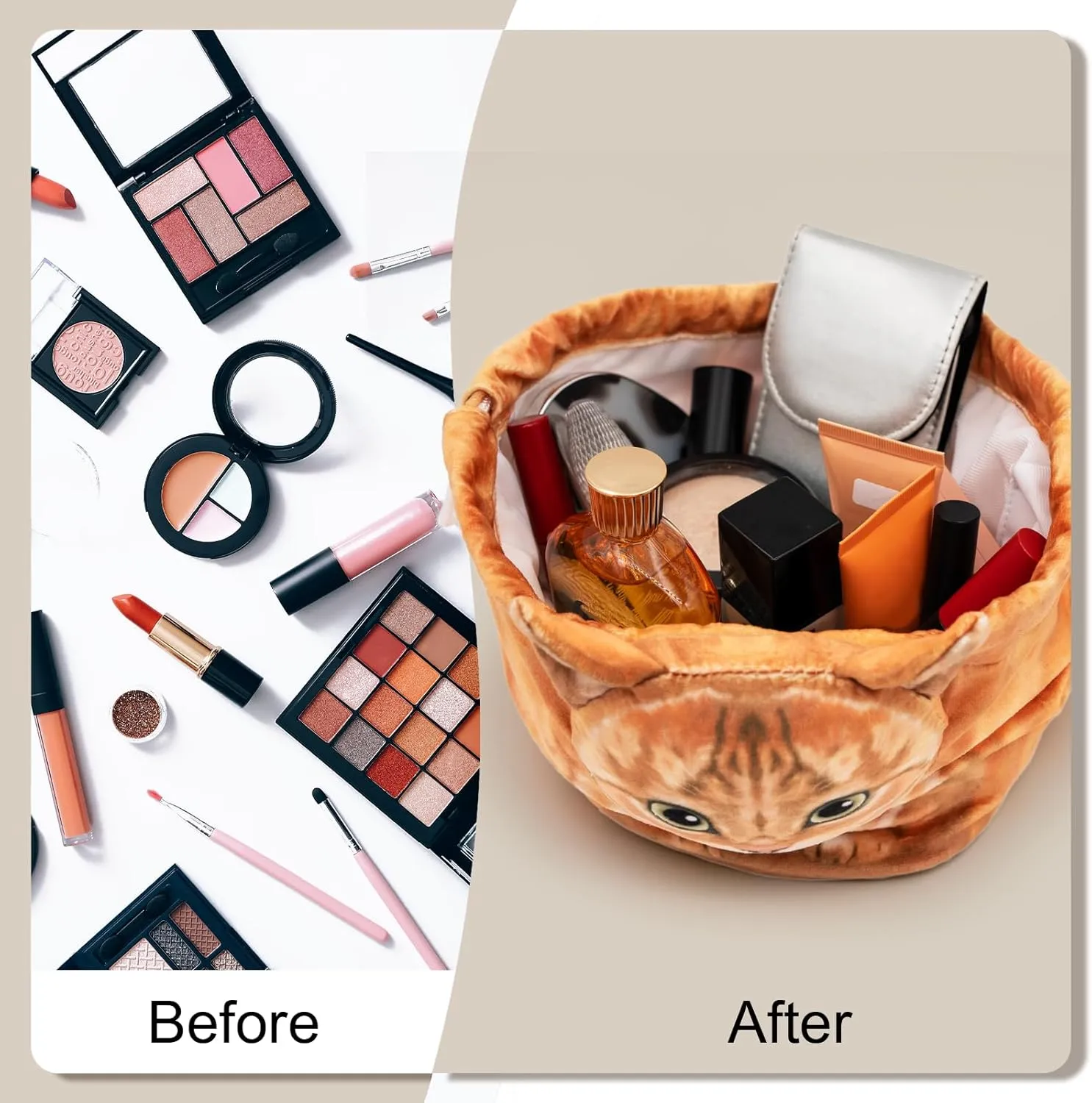 Cute Cat Makeup Bag Organizer - Large Cosmetic Pouch for Purse, Travel Essentials (Orange Cat)