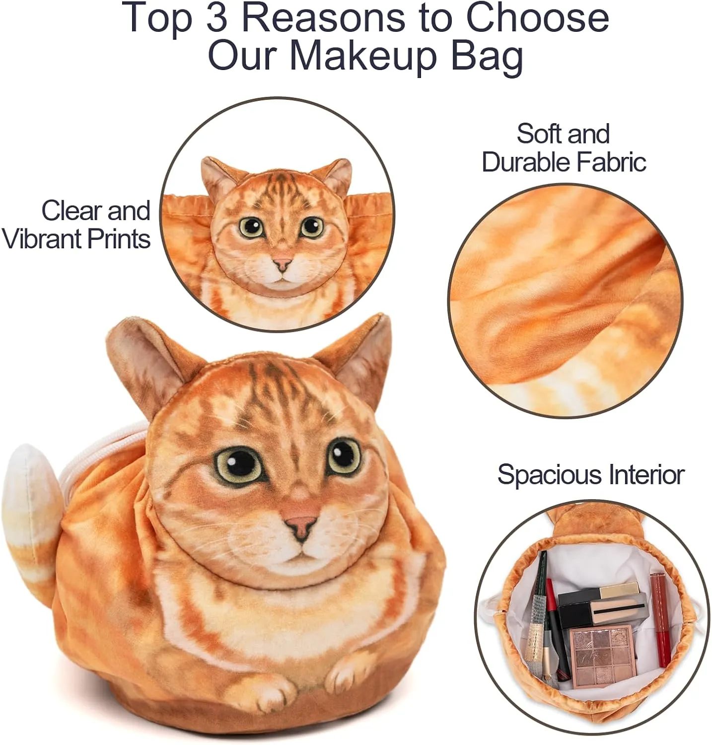 Cute Cat Makeup Bag Organizer - Large Cosmetic Pouch for Purse, Travel Essentials (Orange Cat)