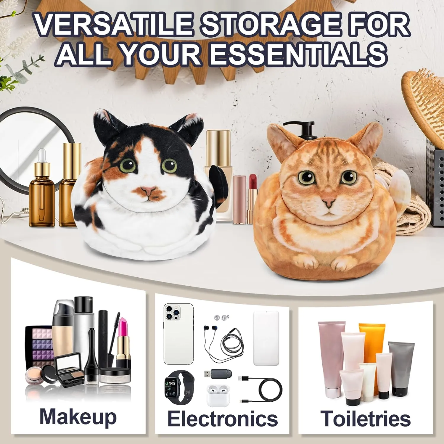 Cute Cat Makeup Bag Organizer - Large Cosmetic Pouch for Purse, Travel Essentials (Orange Cat)