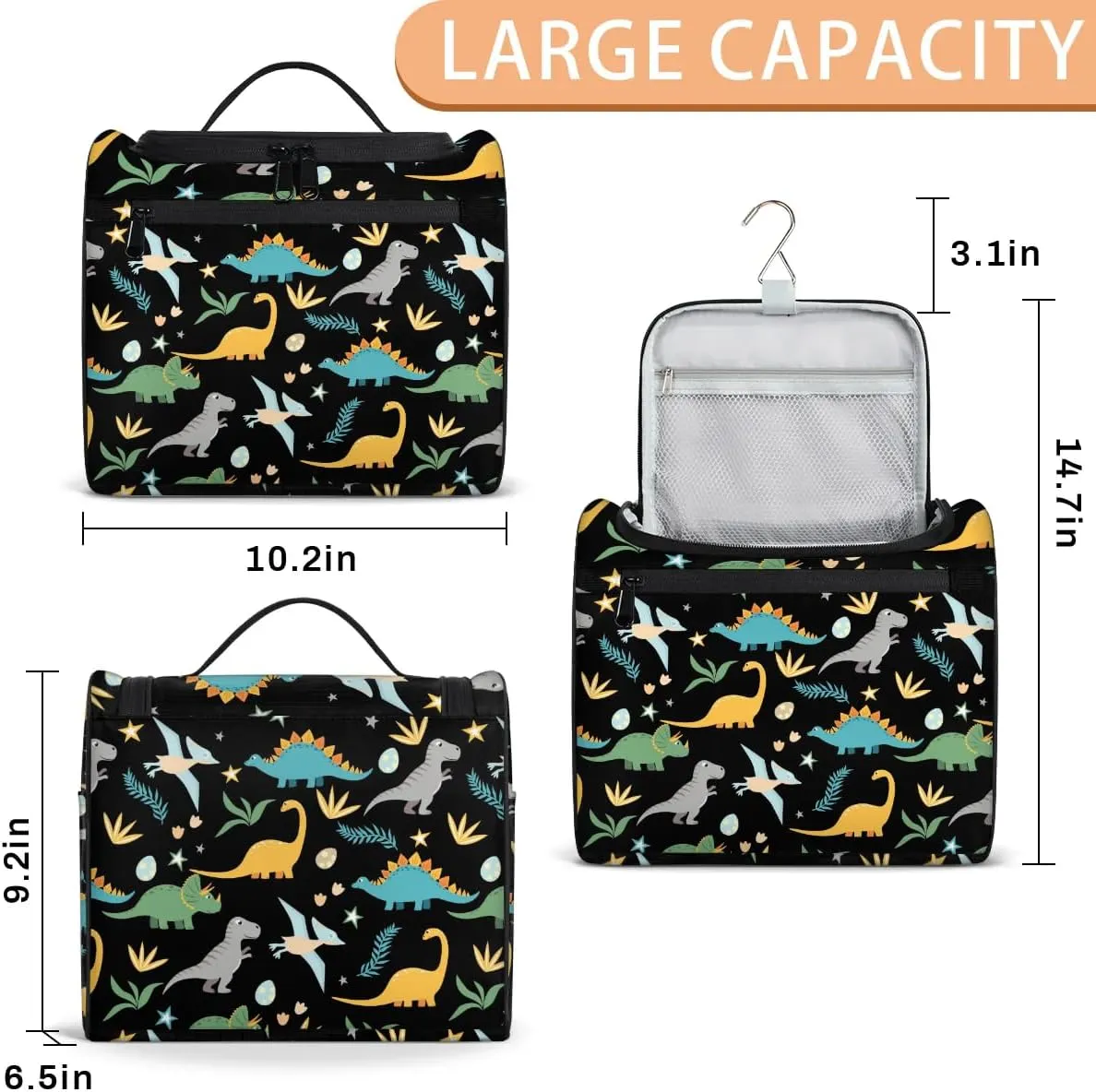 Cute Dinosaur Ancient Hanging Toiletry Bag Cosmetic Makeup Bag Travel Organizer for Accessories Toiletries Essentials Kit