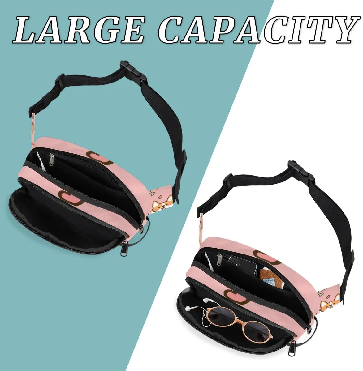 Cute Dog Pattern Durable Waterproof Fanny Pack with Double Zipper Closure - Organize Your Essentials with Ease - Lightweight and Comfortable for Men and Women