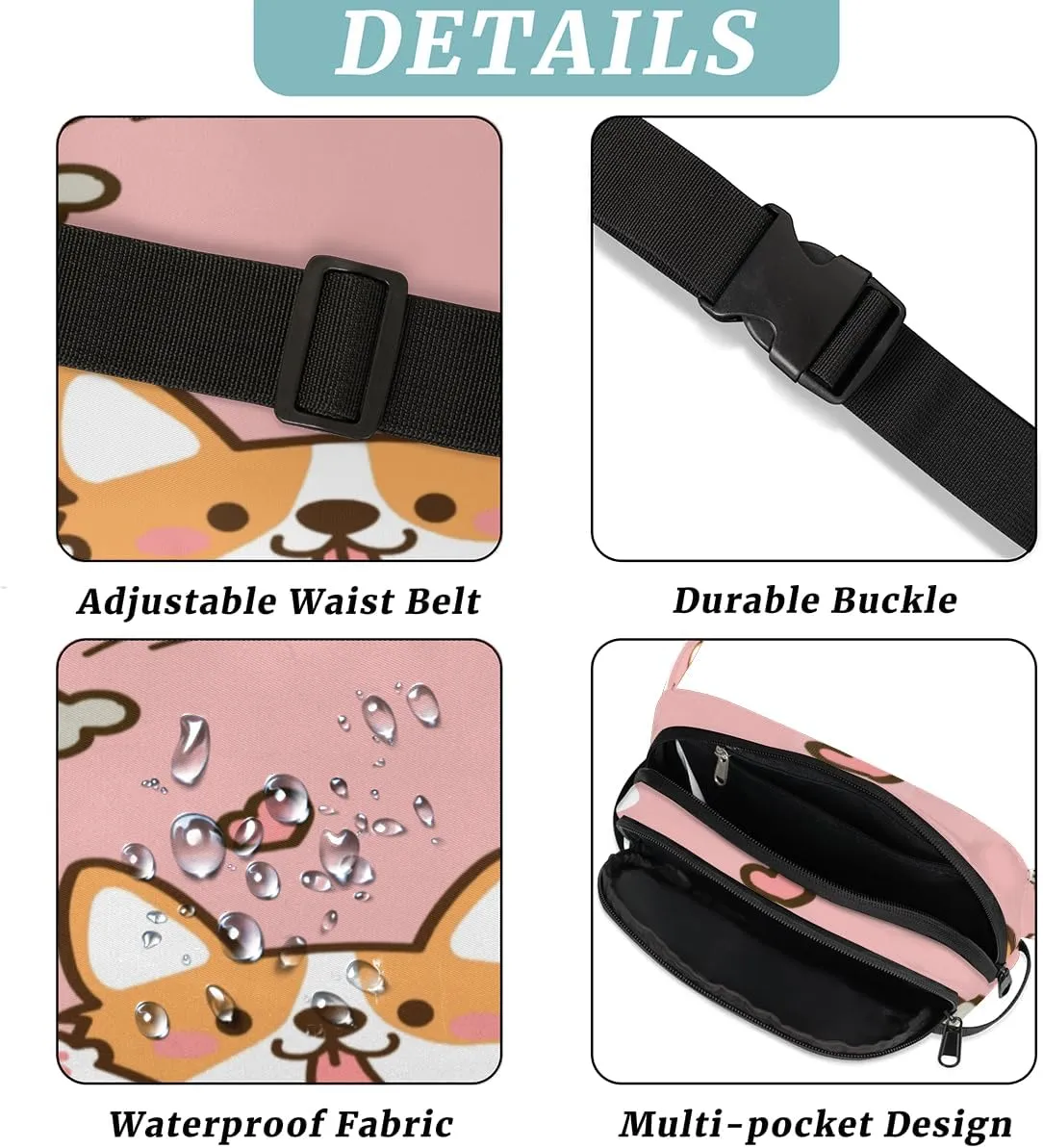 Cute Dog Pattern Durable Waterproof Fanny Pack with Double Zipper Closure - Organize Your Essentials with Ease - Lightweight and Comfortable for Men and Women