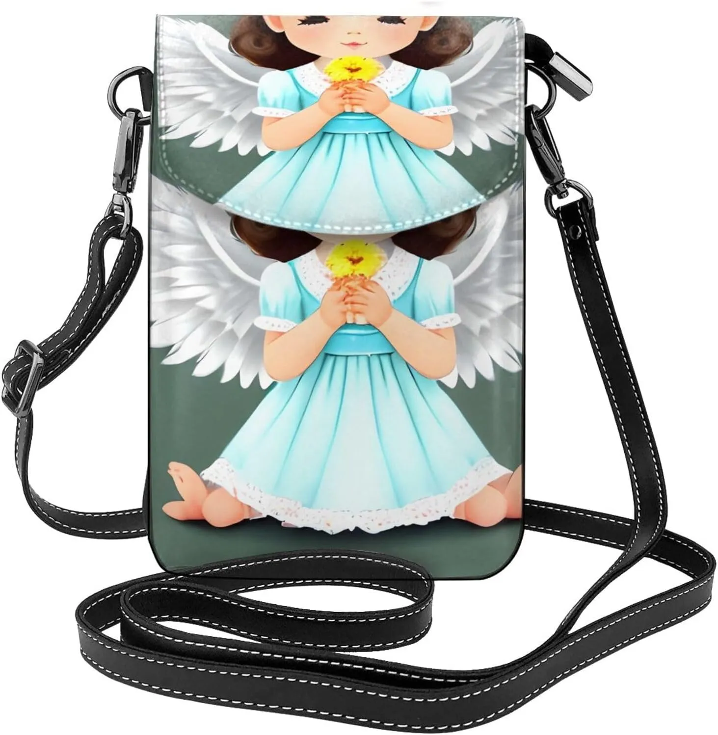 Cute Little Angel Zippered Crossbody Bag, Women'S Shoulder Bag With Card Slot, Removable Shoulder Strap, 7.6 X 4.9 In., Black