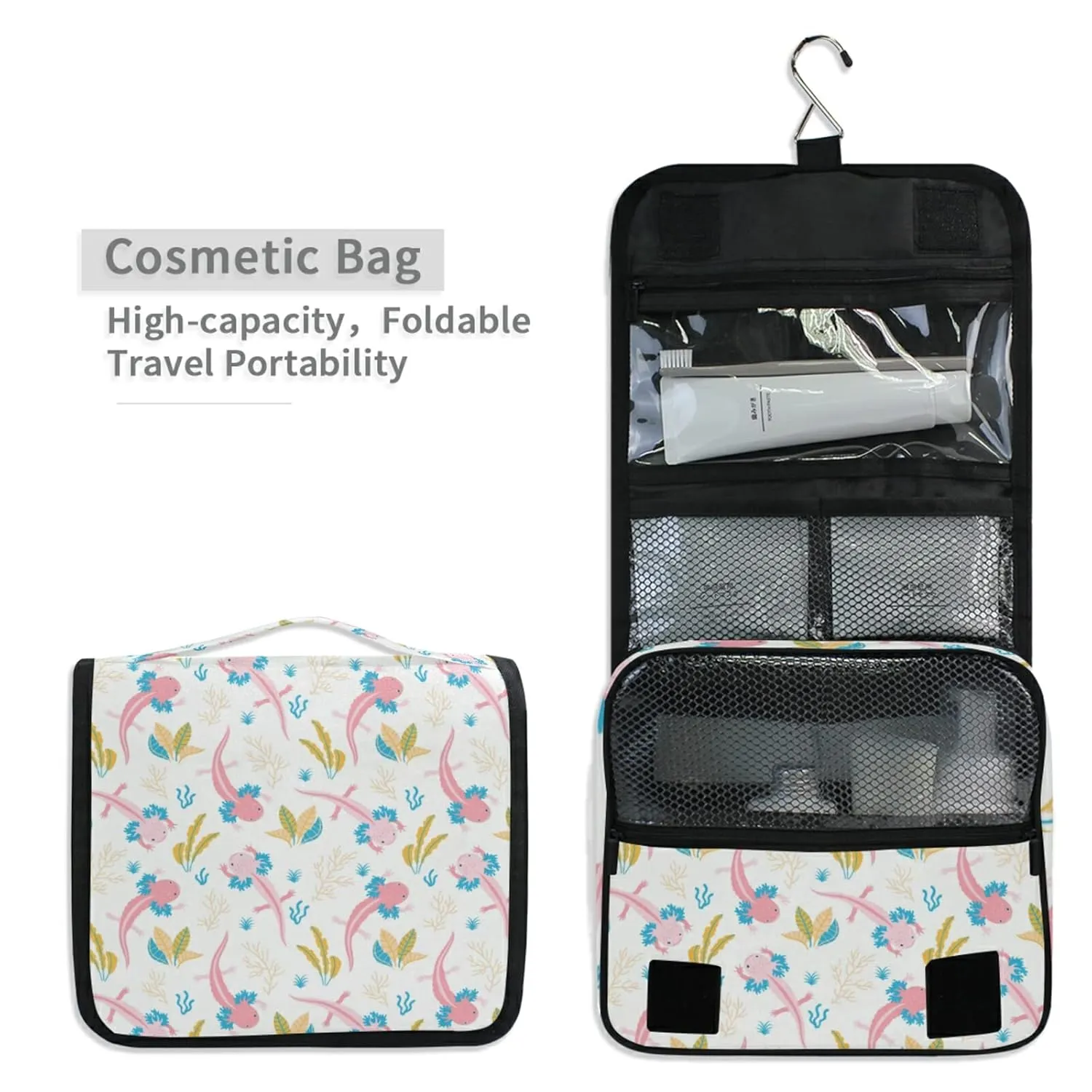 Cute Pink Swimming Axolotls Sea Plants Coral Reef on Light Pink Travel Cosmetic Bag, Hanging Toiletry Wash bag, Portable Makeup Organizer Brush Case, Storage Bag with Hook for Bathroom Toilet