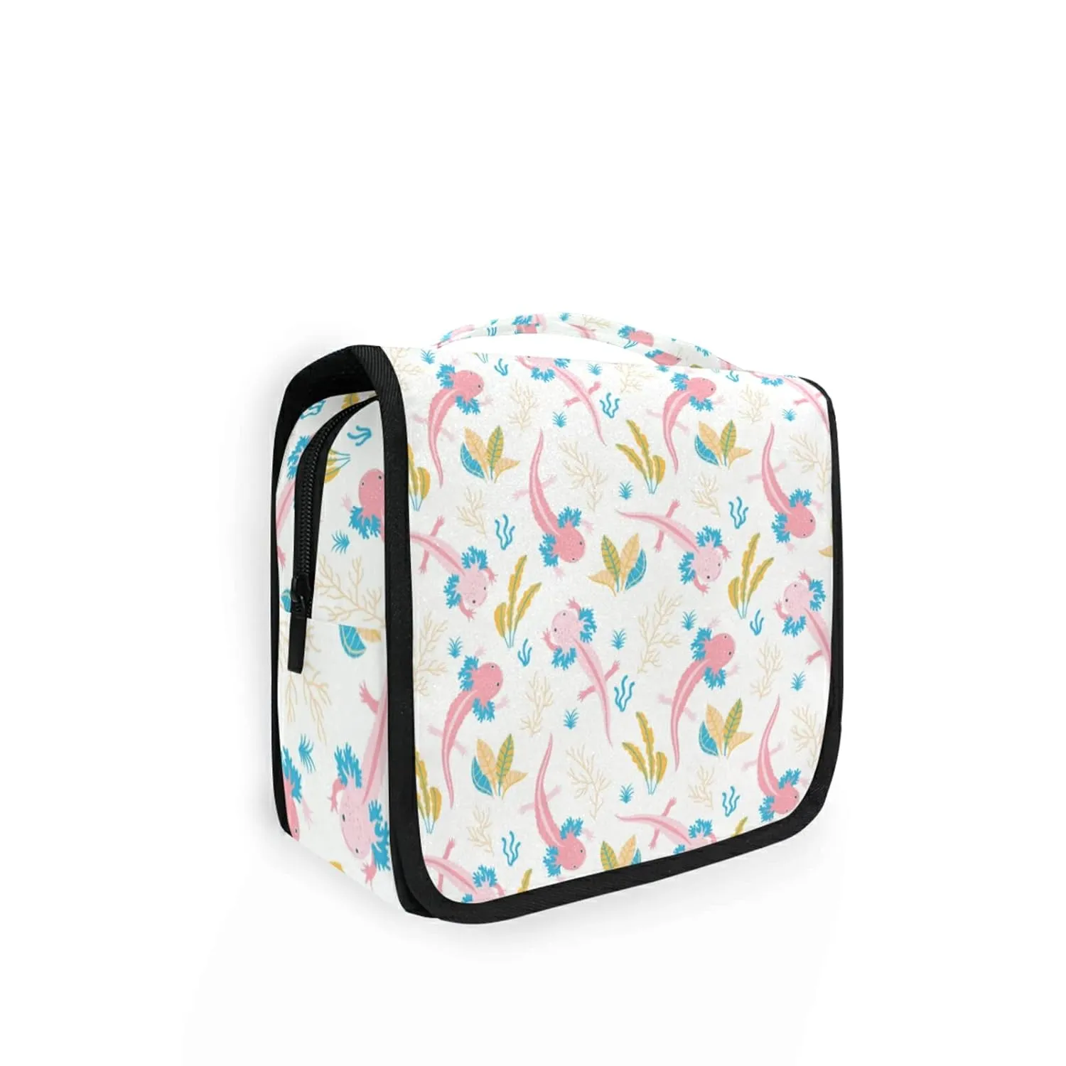 Cute Pink Swimming Axolotls Sea Plants Coral Reef on Light Pink Travel Cosmetic Bag, Hanging Toiletry Wash bag, Portable Makeup Organizer Brush Case, Storage Bag with Hook for Bathroom Toilet