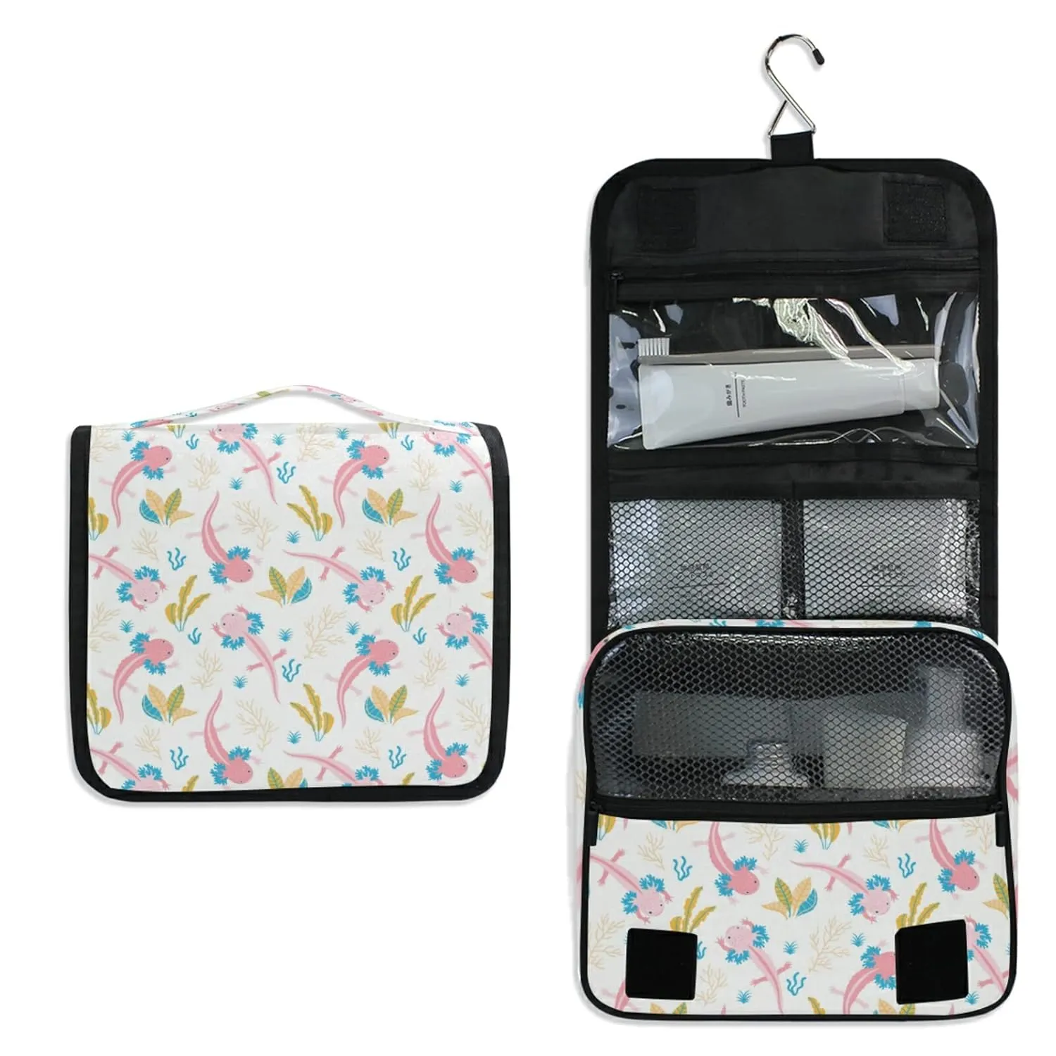 Cute Pink Swimming Axolotls Sea Plants Coral Reef on Light Pink Travel Cosmetic Bag, Hanging Toiletry Wash bag, Portable Makeup Organizer Brush Case, Storage Bag with Hook for Bathroom Toilet