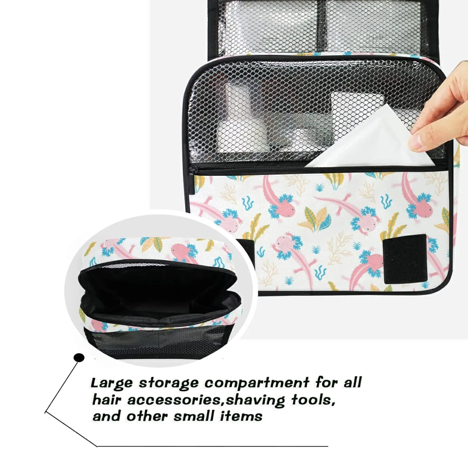 Cute Pink Swimming Axolotls Sea Plants Coral Reef on Light Pink Travel Cosmetic Bag, Hanging Toiletry Wash bag, Portable Makeup Organizer Brush Case, Storage Bag with Hook for Bathroom Toilet