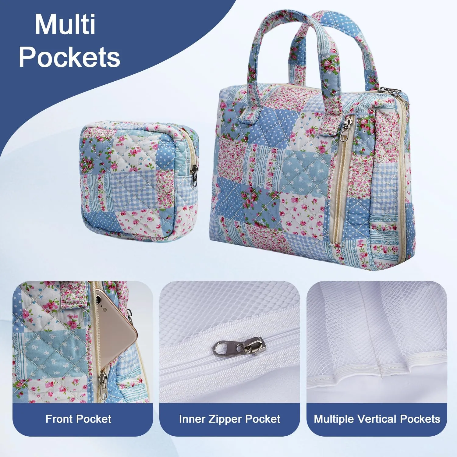 Cute Quilted Floral Makeup Bag(2Pcs)，Coquette Aesthetic Cosmetic Bag，Travel Toiletry Bags， Kawaii Aesthetic pouch for Women (15-GridRose)