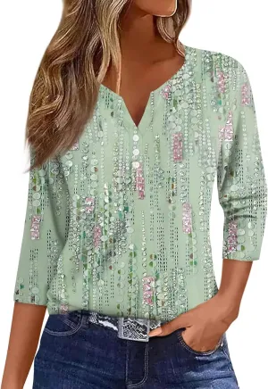 Cute Summer Tops for Women 3/4 Sleeve Button Down T Shirts Cool Striped Print Tops Casual Fitted Shirts