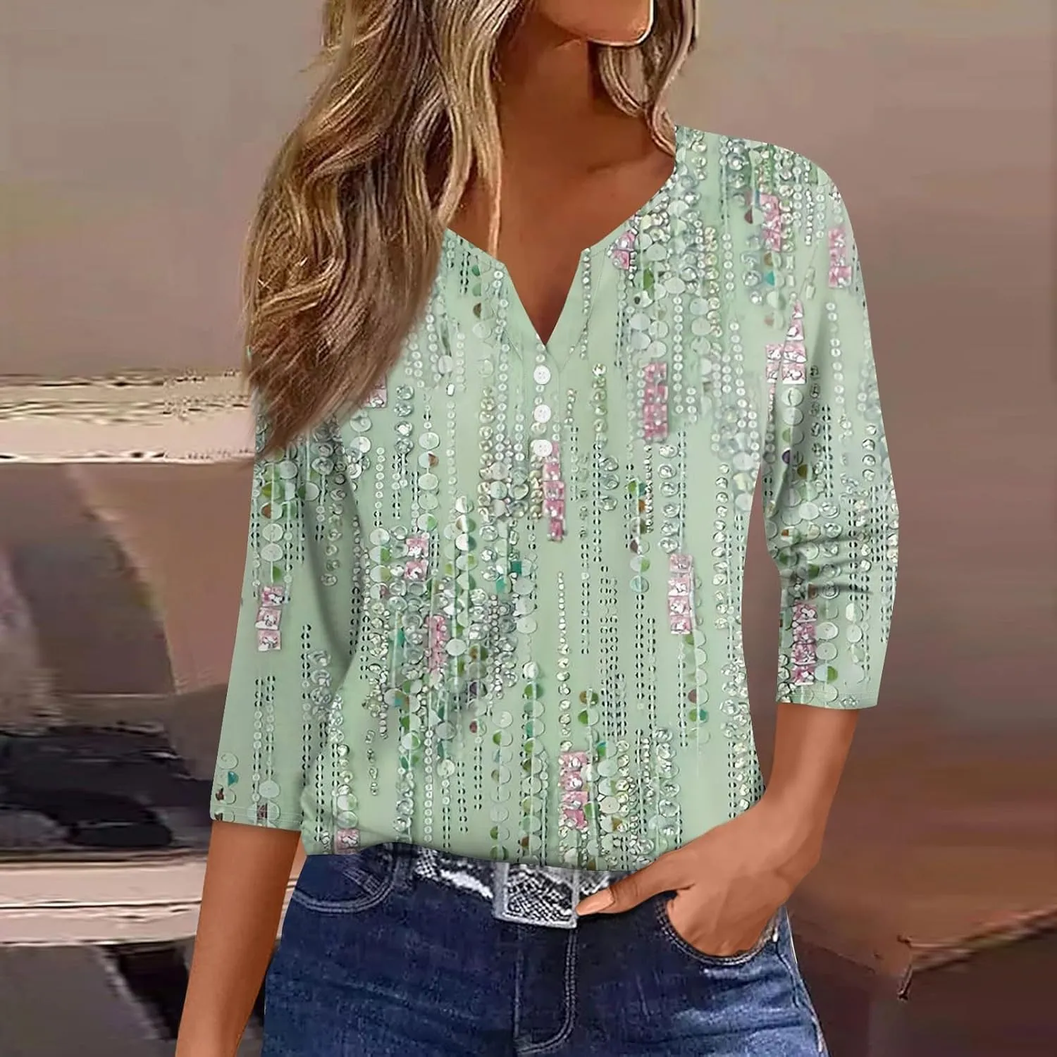 Cute Summer Tops for Women 3/4 Sleeve Button Down T Shirts Cool Striped Print Tops Casual Fitted Shirts
