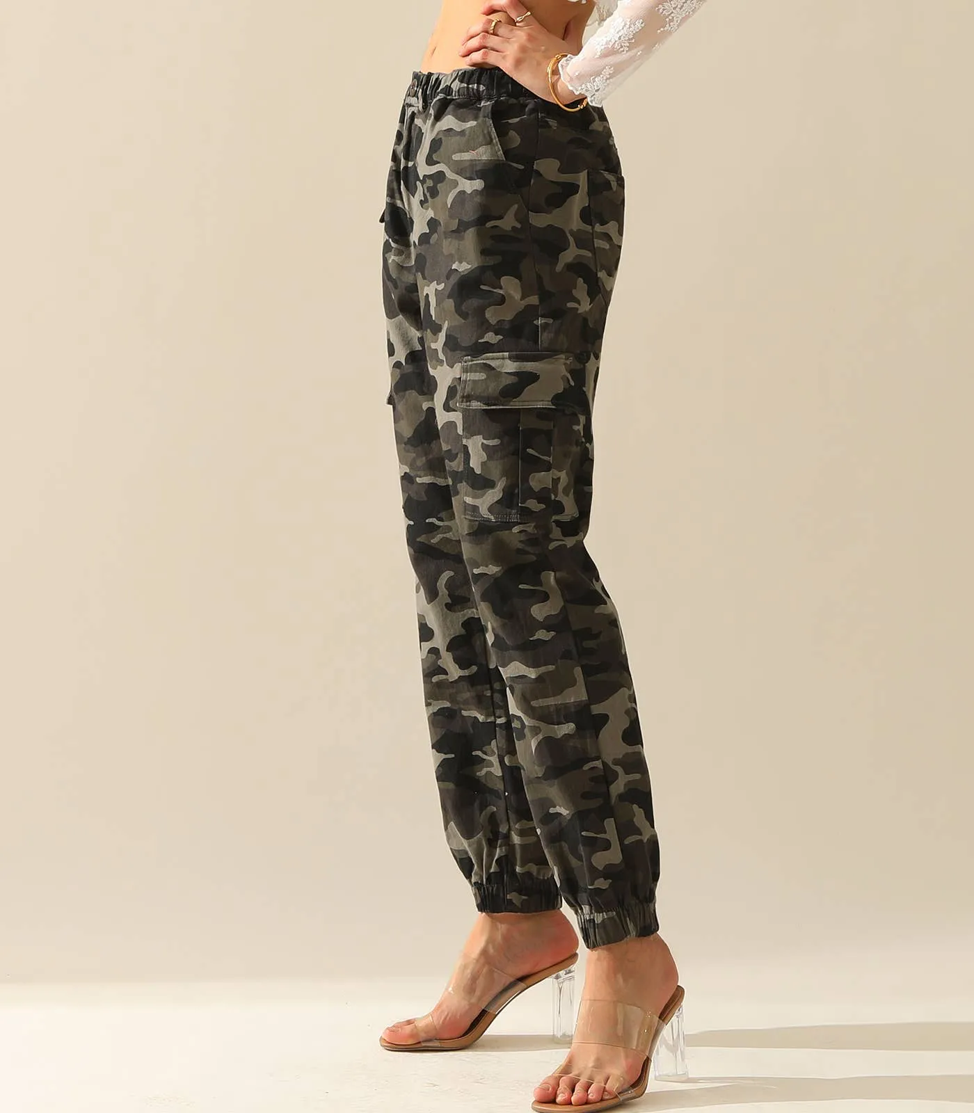 CWBLP400-1_Elastic Waist Camo Cargo Pants Cotton Work Pants: GREENCAMO / (L) 1