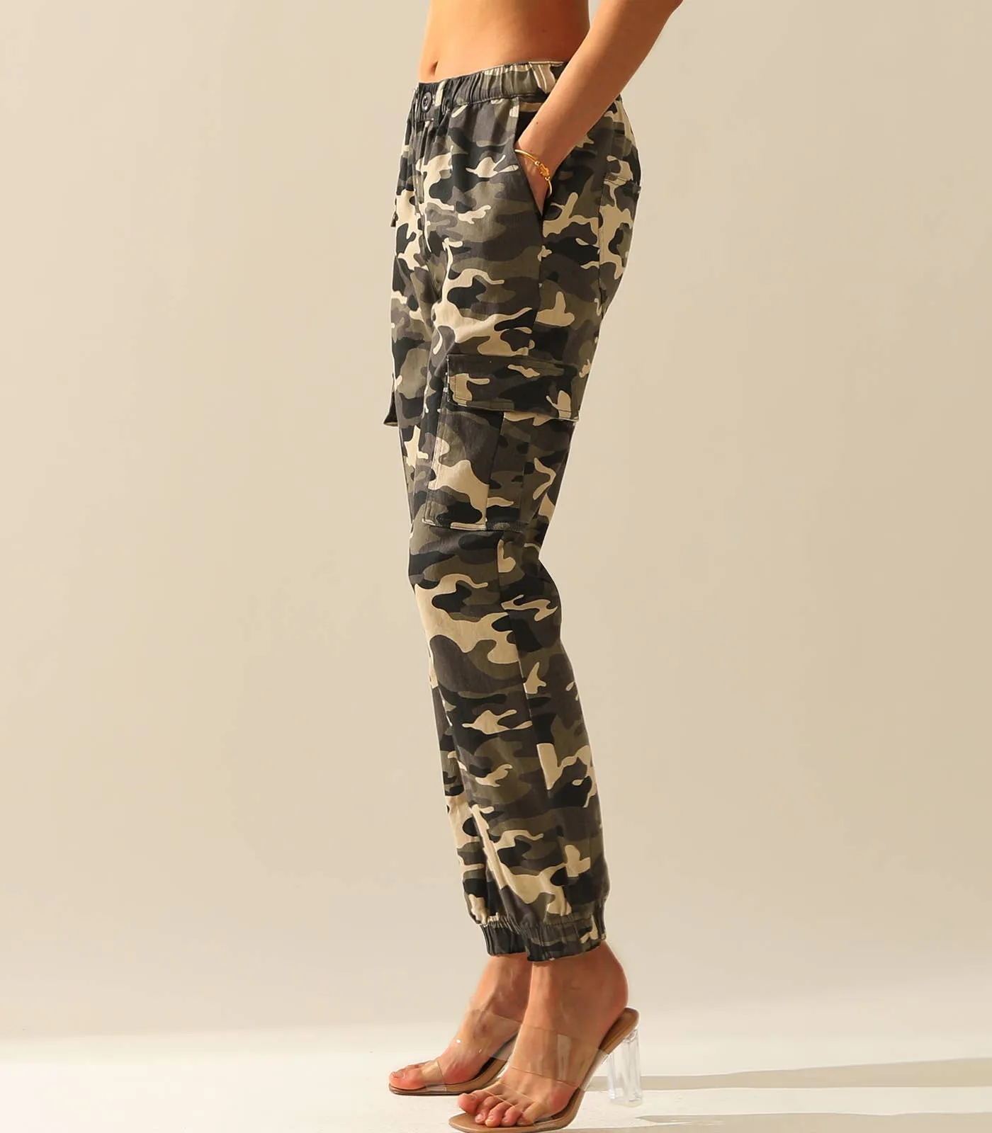 CWBLP400-1_Elastic Waist Camo Cargo Pants Cotton Work Pants: GREENCAMO / (L) 1