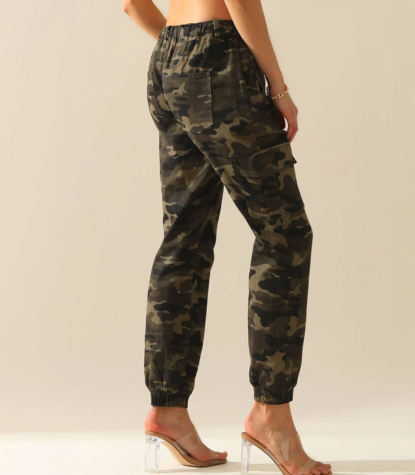 CWBLP400-1_Elastic Waist Camo Cargo Pants Cotton Work Pants: GREENCAMO / (L) 1