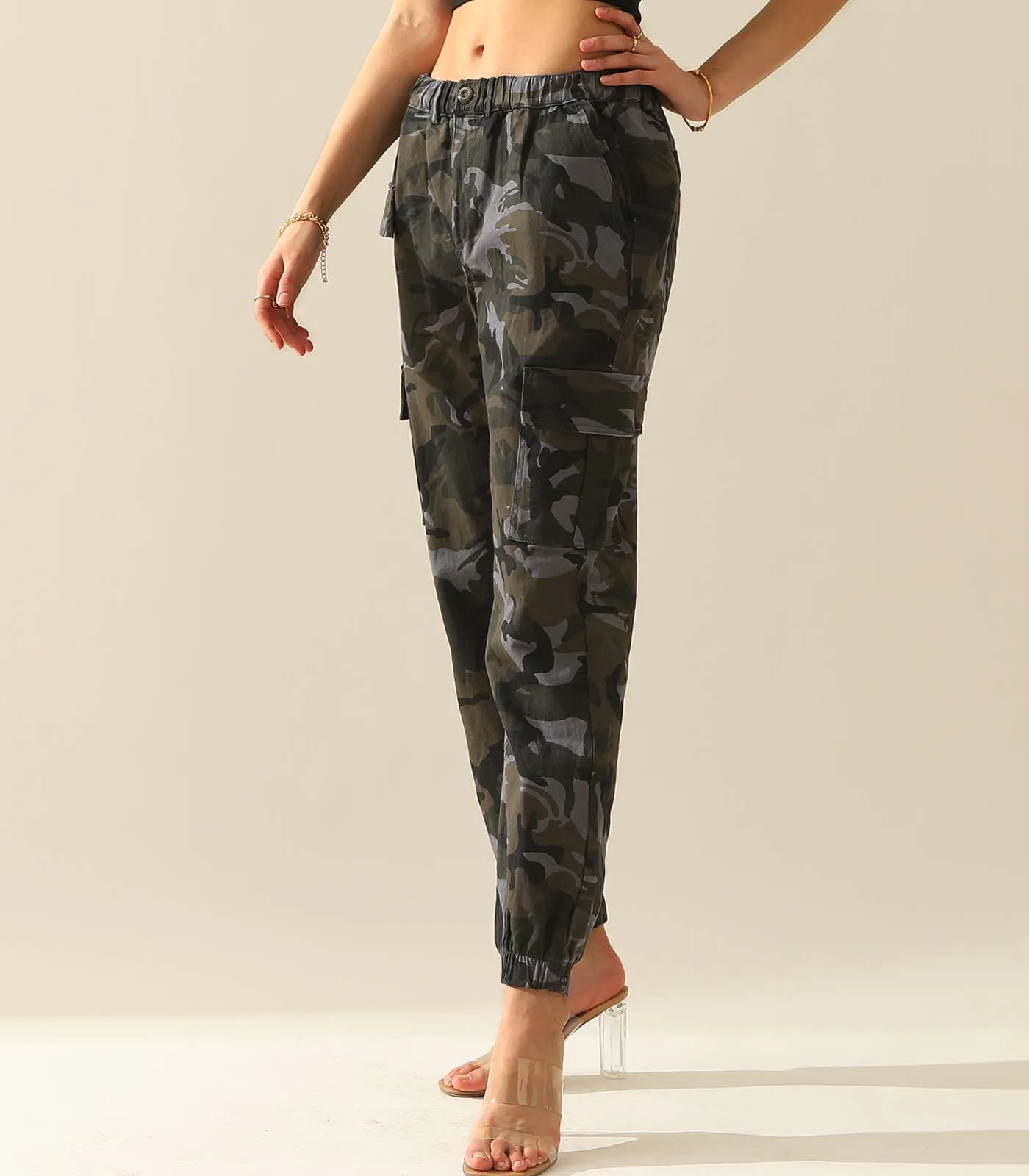 CWBLP400-1_Elastic Waist Camo Cargo Pants Cotton Work Pants: GREENCAMO / (L) 1