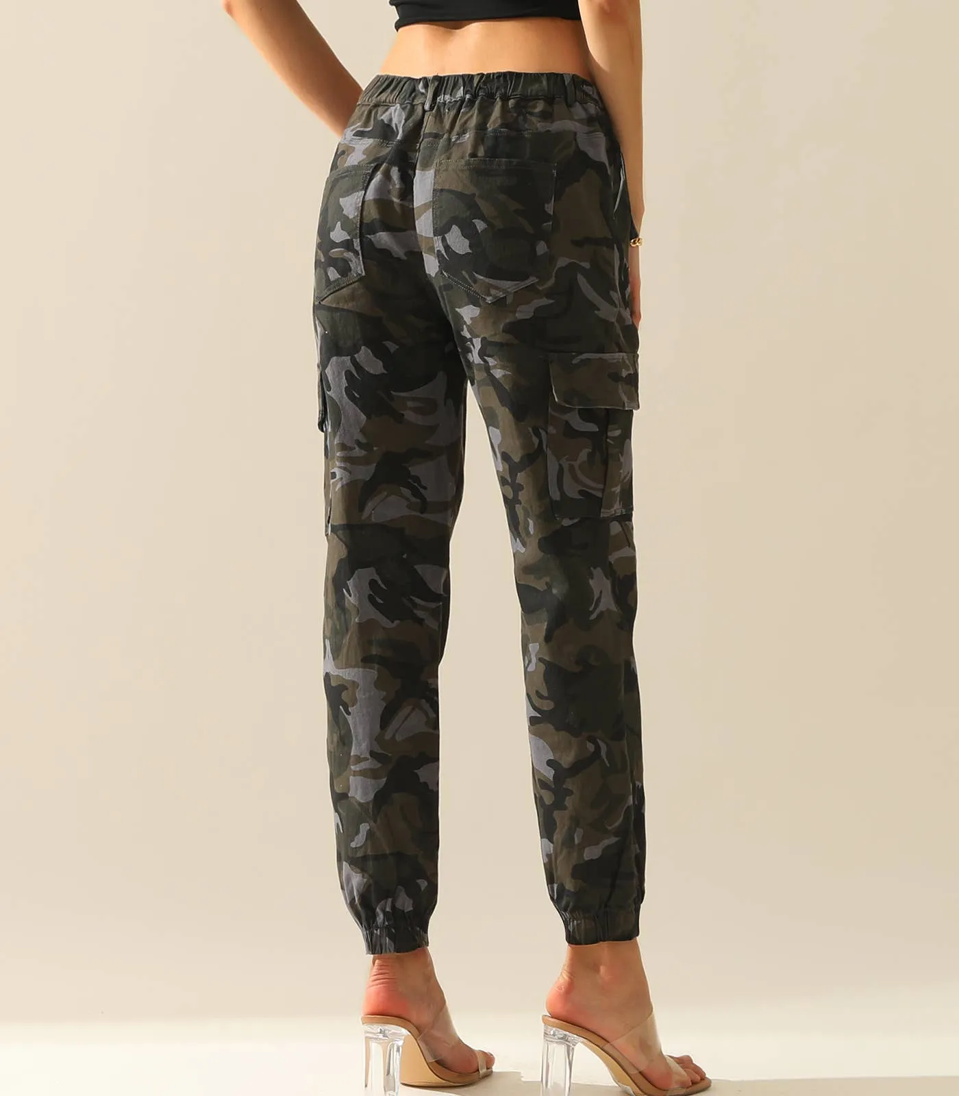 CWBLP400-1_Elastic Waist Camo Cargo Pants Cotton Work Pants: GREENCAMO / (L) 1