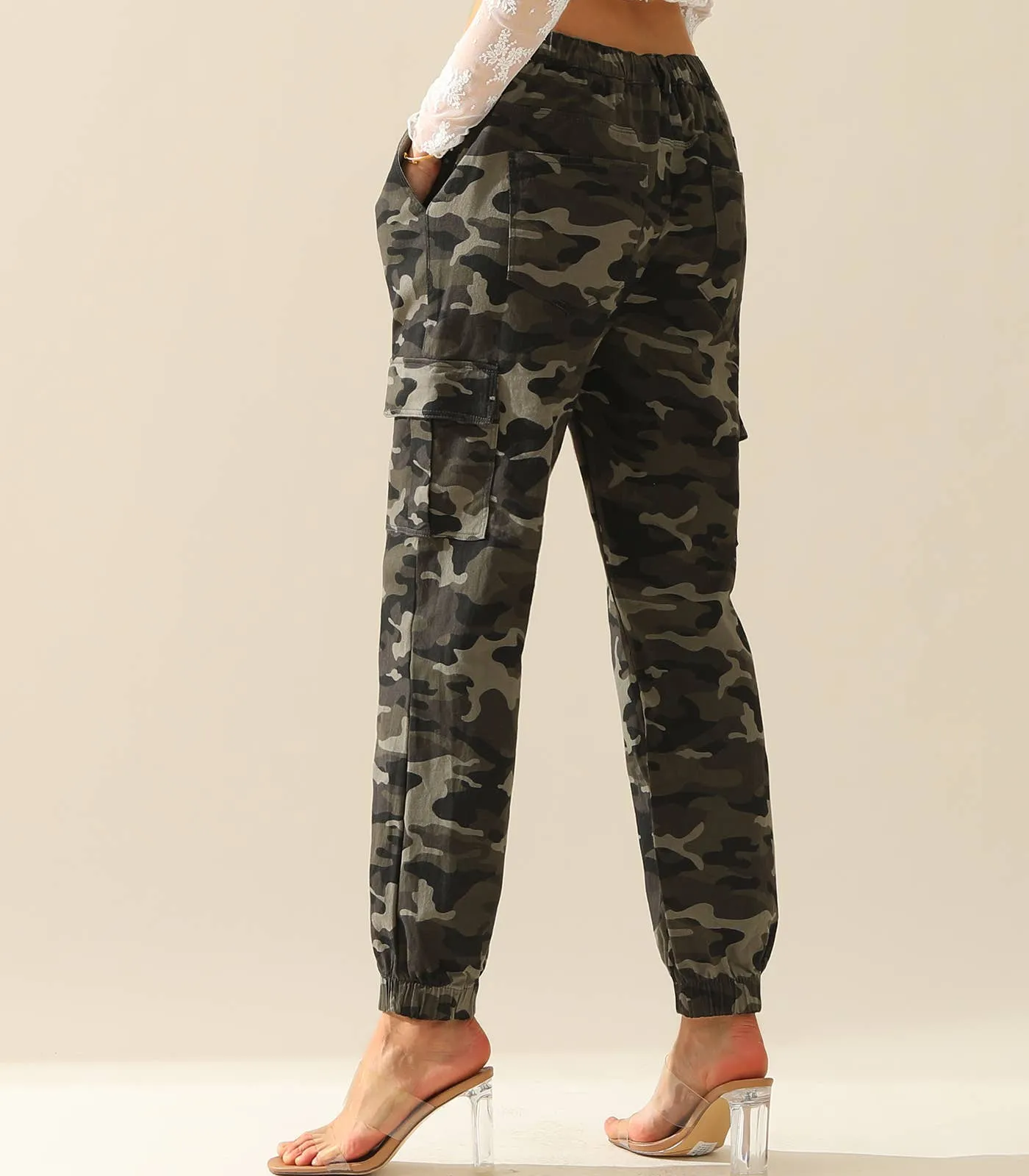 CWBLP400-1_Elastic Waist Camo Cargo Pants Cotton Work Pants: GREENCAMO / (L) 1