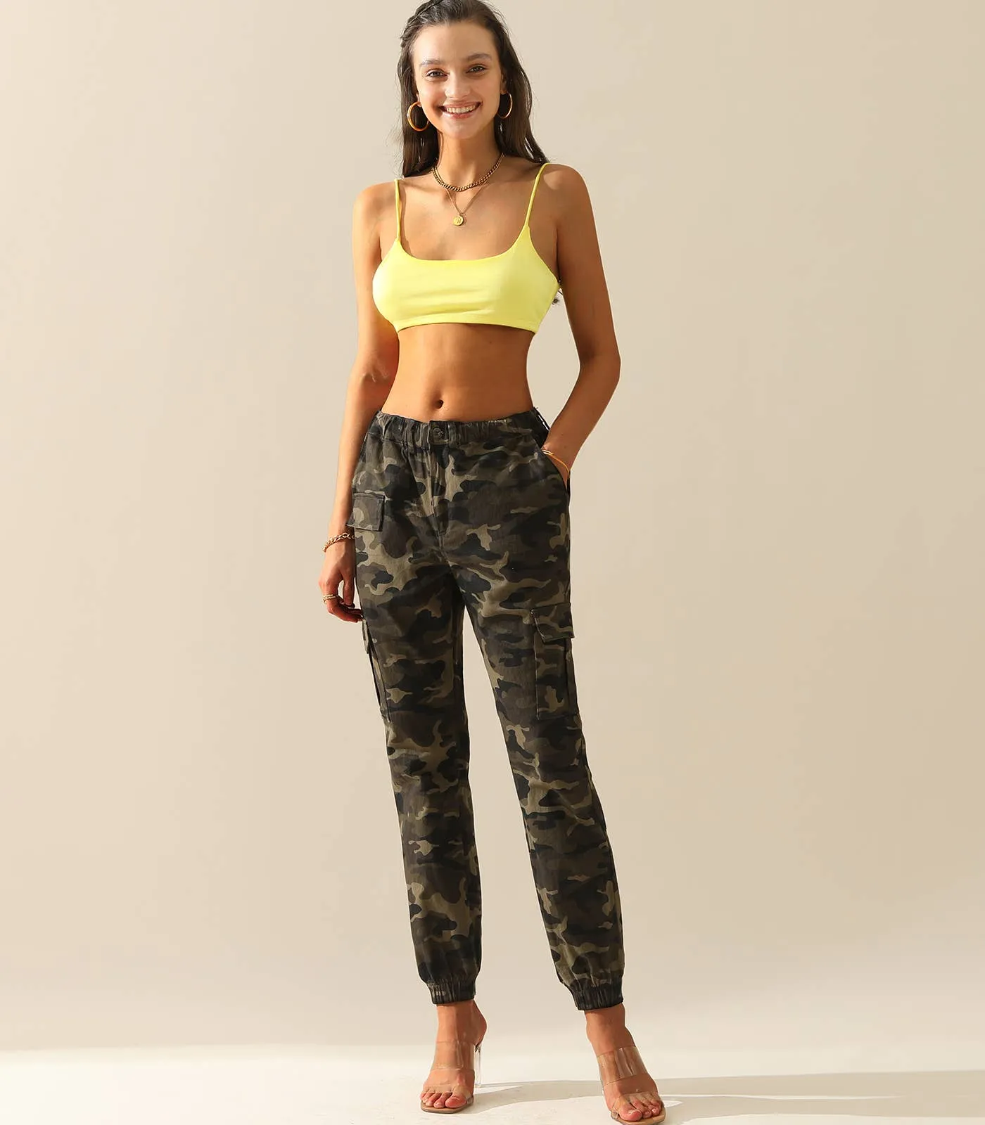 CWBLP400-1_Elastic Waist Camo Cargo Pants Cotton Work Pants: GREENCAMO / (L) 1