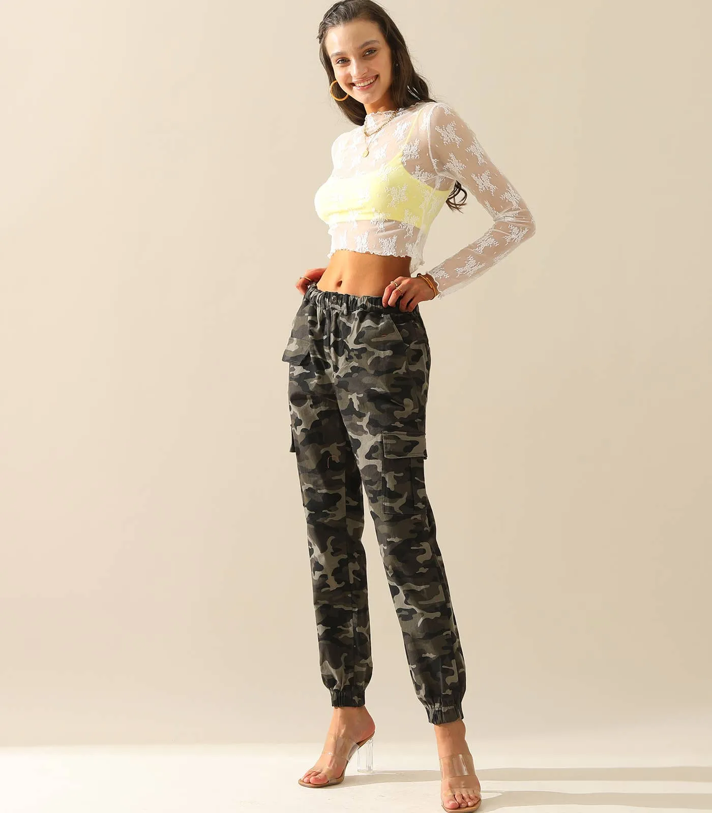CWBLP400-1_Elastic Waist Camo Cargo Pants Cotton Work Pants: GREENCAMO / (L) 1