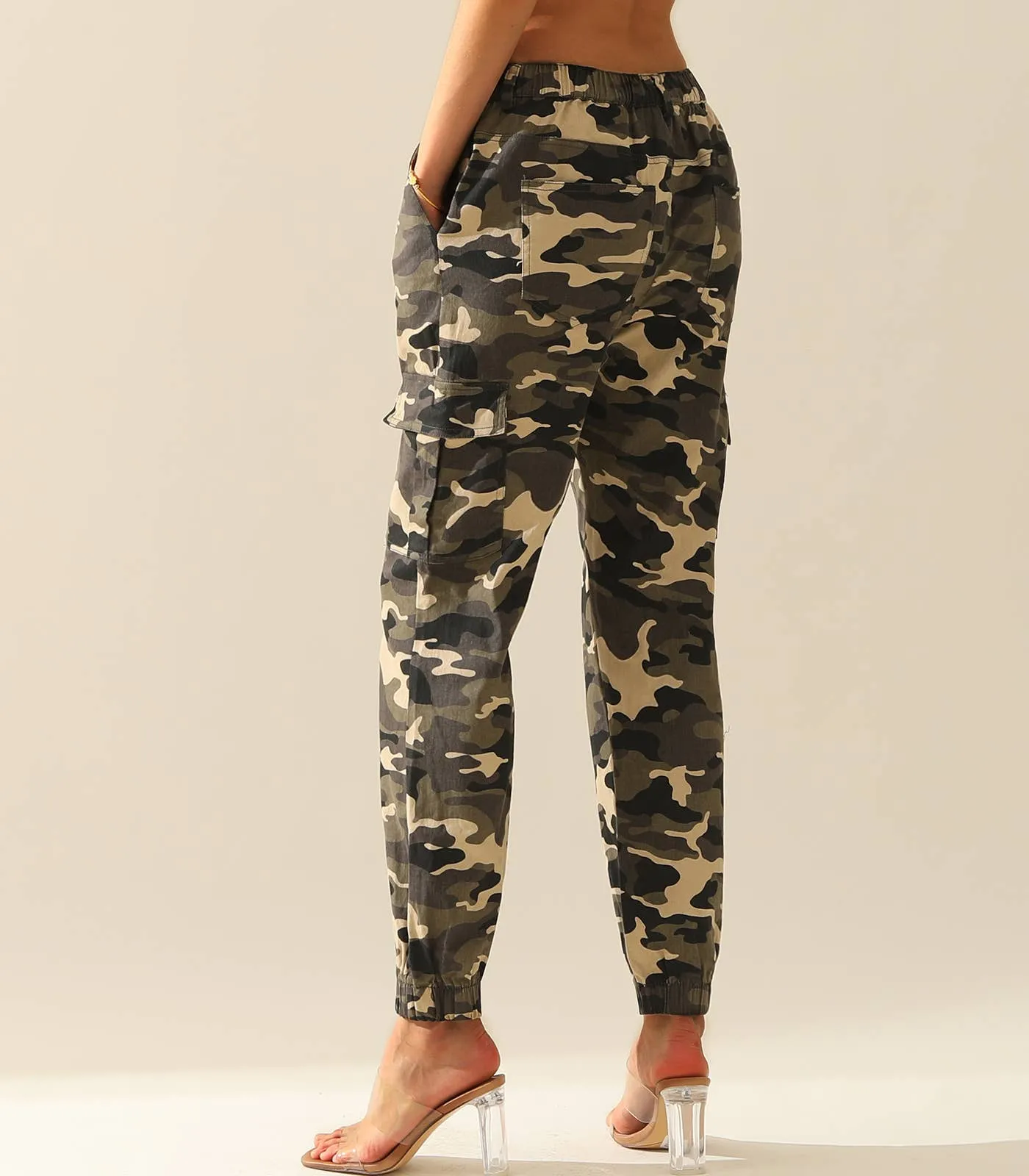 CWBLP400-1_Elastic Waist Camo Cargo Pants Cotton Work Pants: GREENCAMO / (L) 1