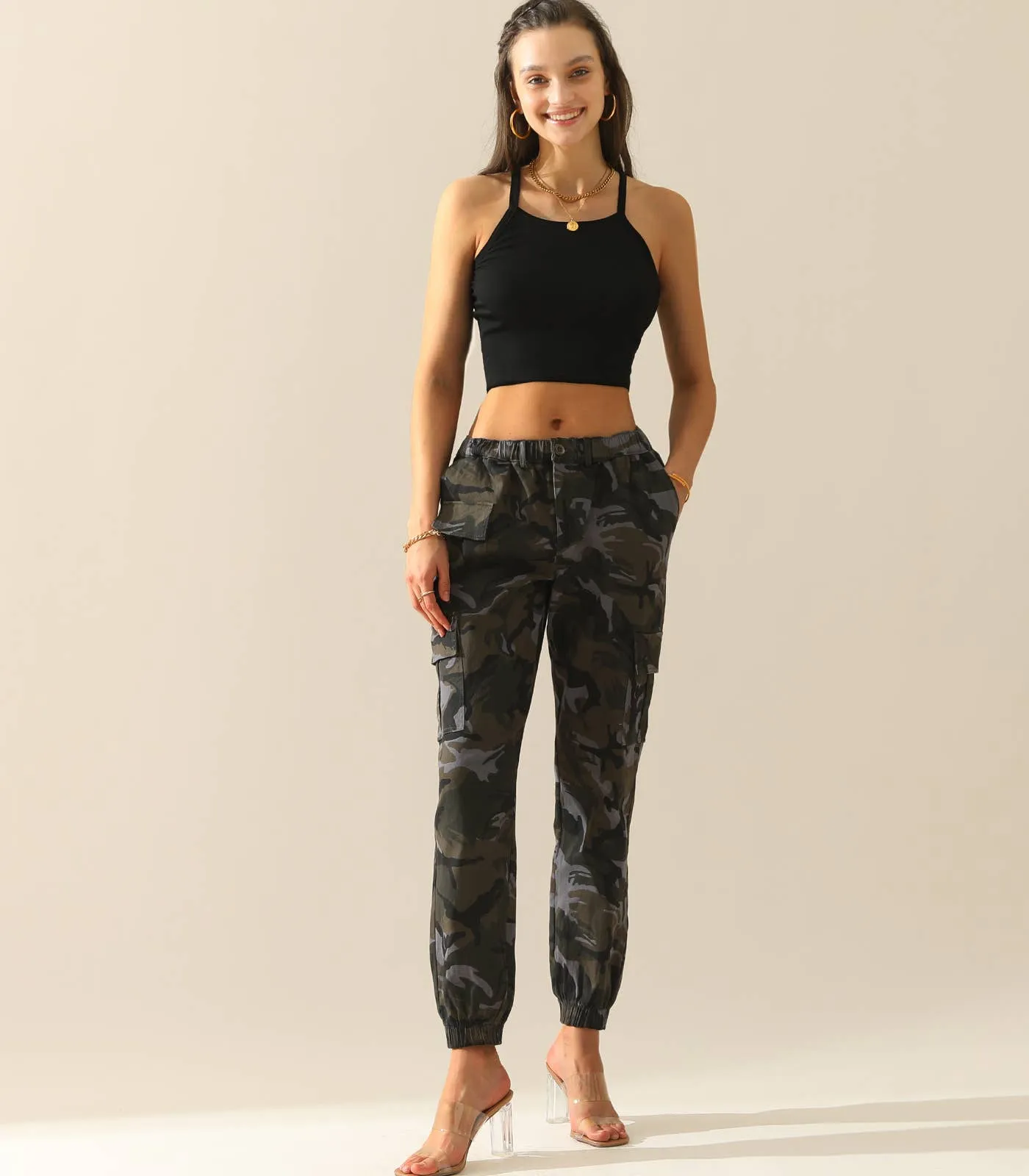 CWBLP400-1_Elastic Waist Camo Cargo Pants Cotton Work Pants: GREENCAMO / (L) 1