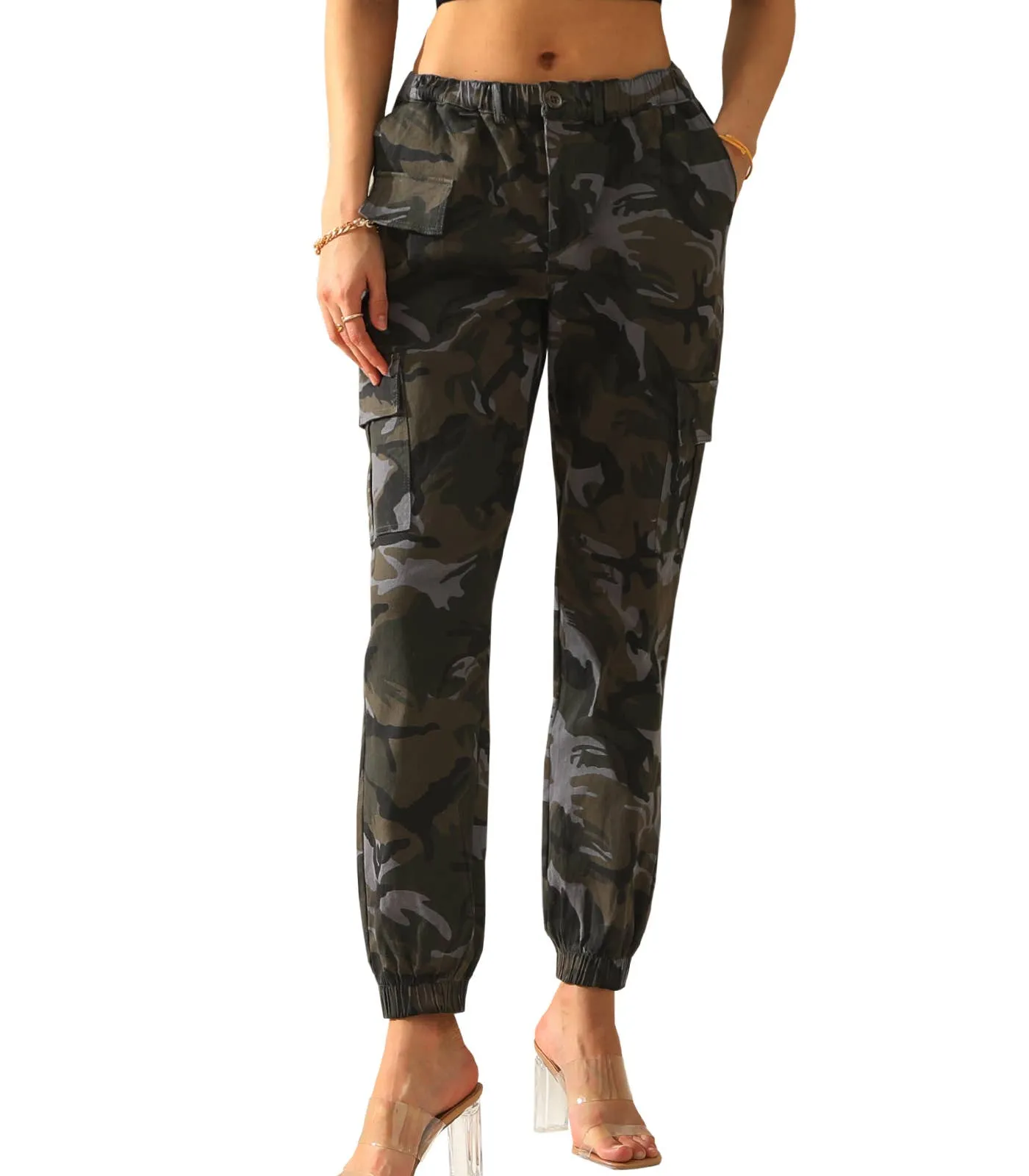 CWBLP400-1_Elastic Waist Camo Cargo Pants Cotton Work Pants: GREENCAMO / (L) 1