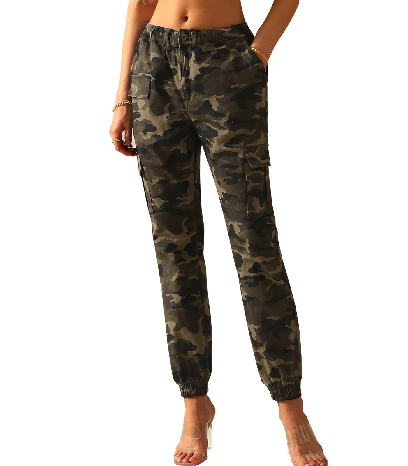 CWBLP400-1_Elastic Waist Camo Cargo Pants Cotton Work Pants: GREENCAMO / (L) 1