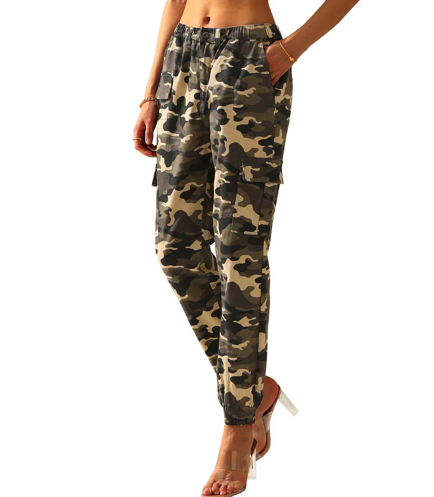 CWBLP400-1_Elastic Waist Camo Cargo Pants Cotton Work Pants: GREENCAMO / (L) 1