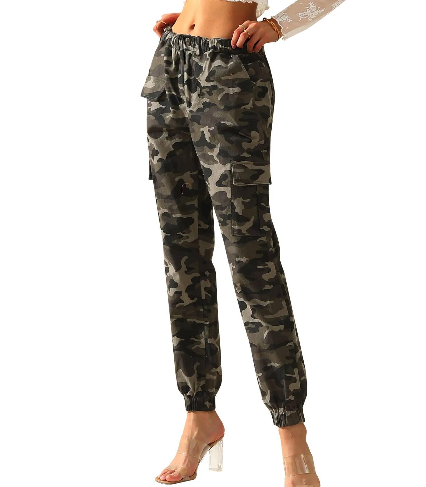 CWBLP400-1_Elastic Waist Camo Cargo Pants Cotton Work Pants: GREENCAMO / (L) 1